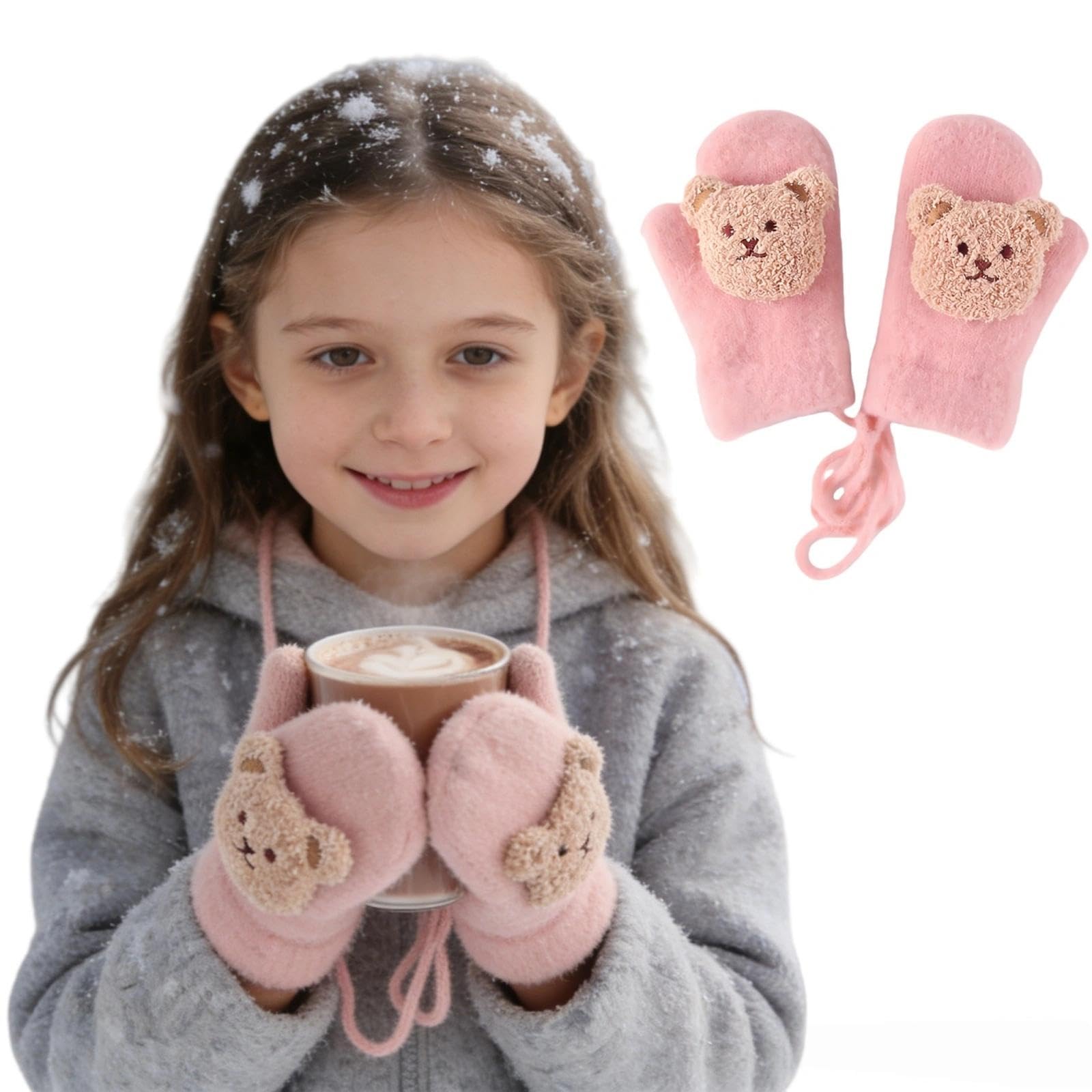 Muiltvoe Kids Winter Gloves with Bear Design, Toddler Boys Girls Fleece Mittens with String for Warmth & Anti-Loss