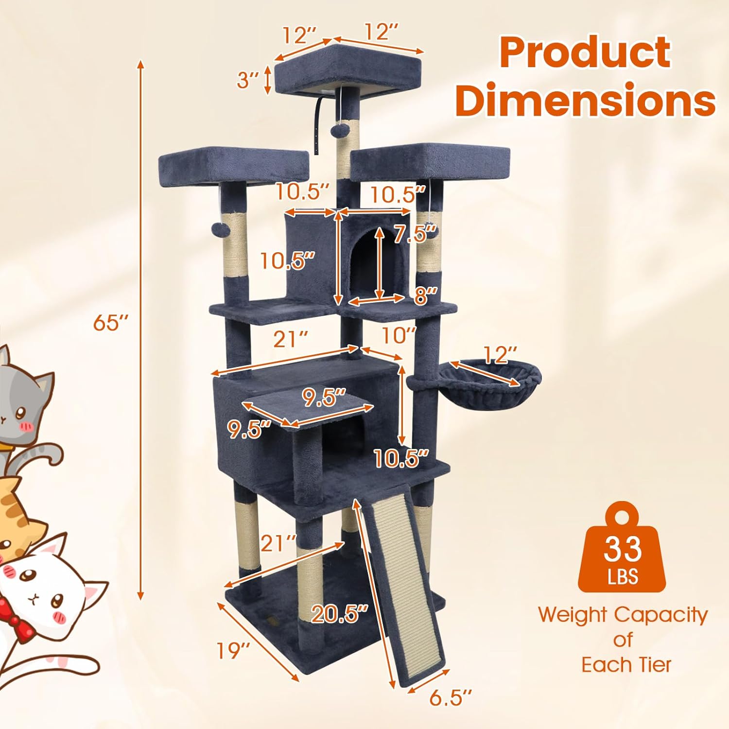 PETSITE Multi-Level Cat Tree, 65 Inches Tall with Sisal Scratching Posts, Condos, Rotatable Cat Basket, Dangling Balls, and Sisal Ladder, Ideal for Indoor Cats to Play and Rest (Dark Grey)
