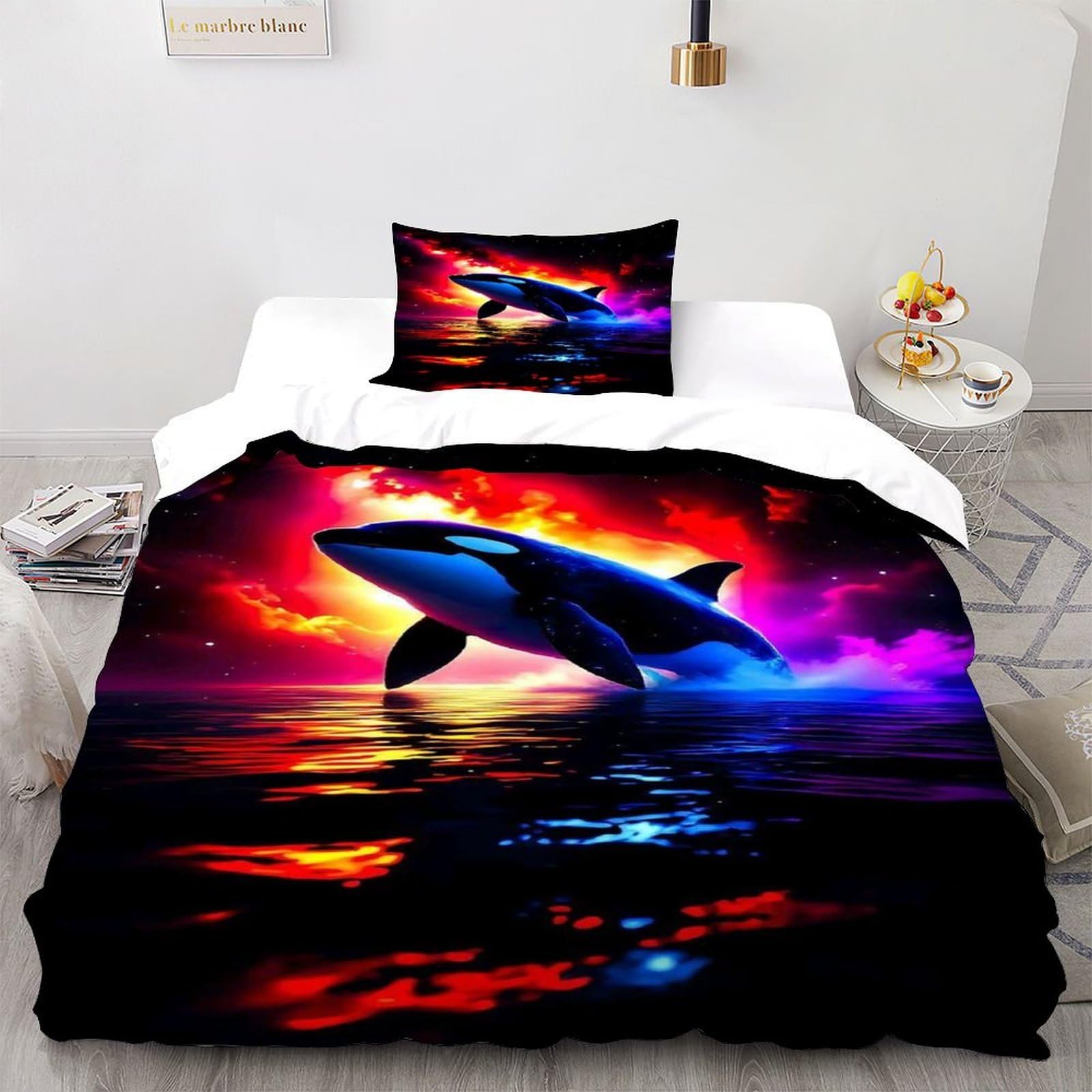 Orca Cosmic Glow Bedding Set Theme Bedspread Animal Theme Wildlife Marine Animal Duvet Cover Set Chic Breathable Quilt Cover for Boys&Girls with Pillowcase Single（135x200cm）