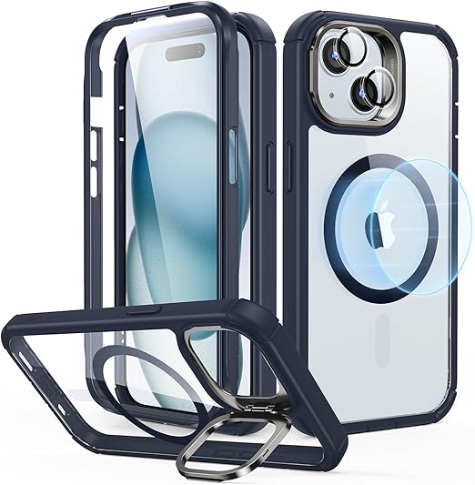 ESR for iPhone 15 Case with Stand, Compatible with MagSafe, Full-Body Military-Grade Drop Proof Case with Built-in 9H+ Tempered Glass Screen Protector, Armor Series, Clear Dark Blue