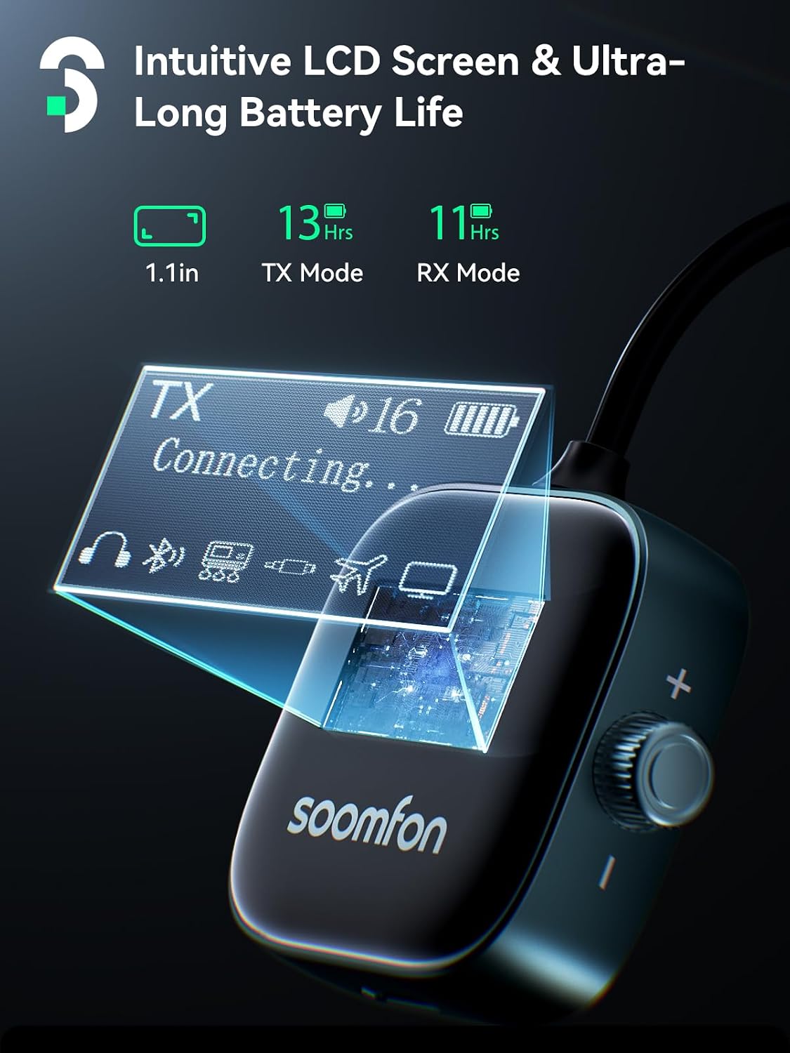 Man driving a car, with the SOOMFON Bluetooth Adapter connected to the car's audio system, streaming music from his phone.