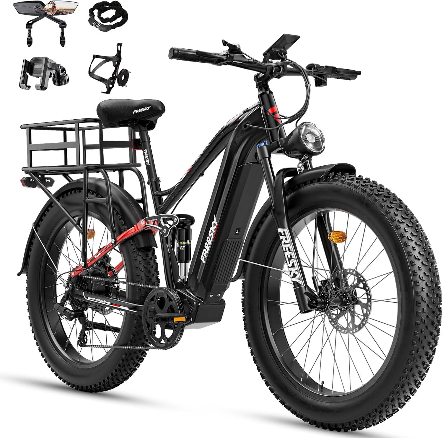 FREESKY 3000W Electric Bike for Adults, 37MPH & 95Miles Range, Dirt All-Terrain Electric Bicycle, 48V 25Ah Removable Battery,26" Fat Tire Full Suspension Mountain Ebike, UL2849 Certified by TÜV