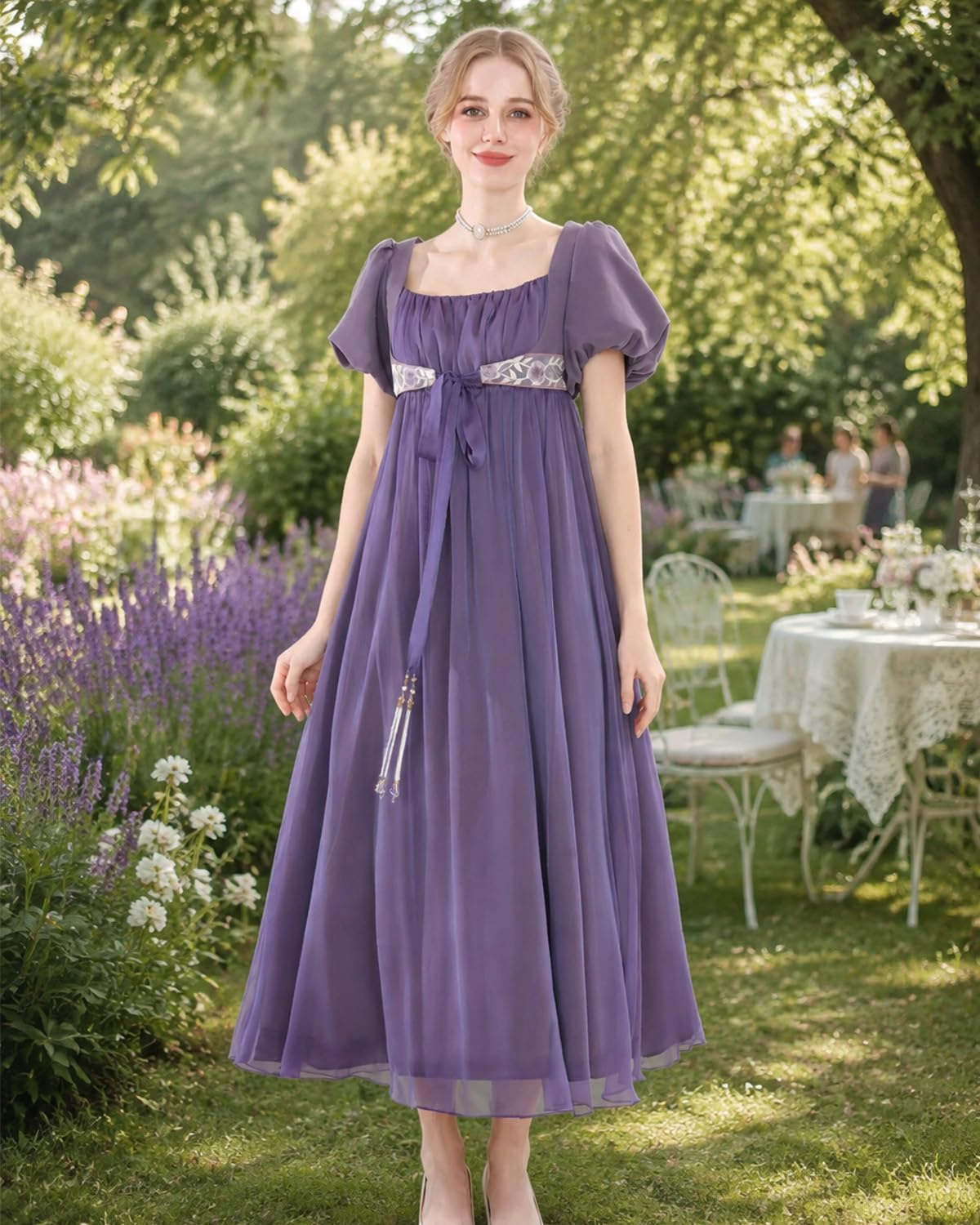 Damen Regency Empire Kleid 19.Jh. Kostüm mit Handschuhen Hochzeit Tee Party