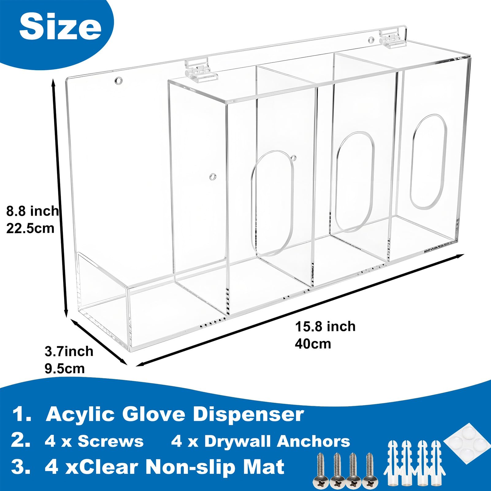 SEANADO Dispensador de guantes y desinfectante de manos con tapa, acrílico transparente, para montaje en pared o como expositor de mesa con 4 compartimentos para mascarillas, cubrezapatos, redecillas