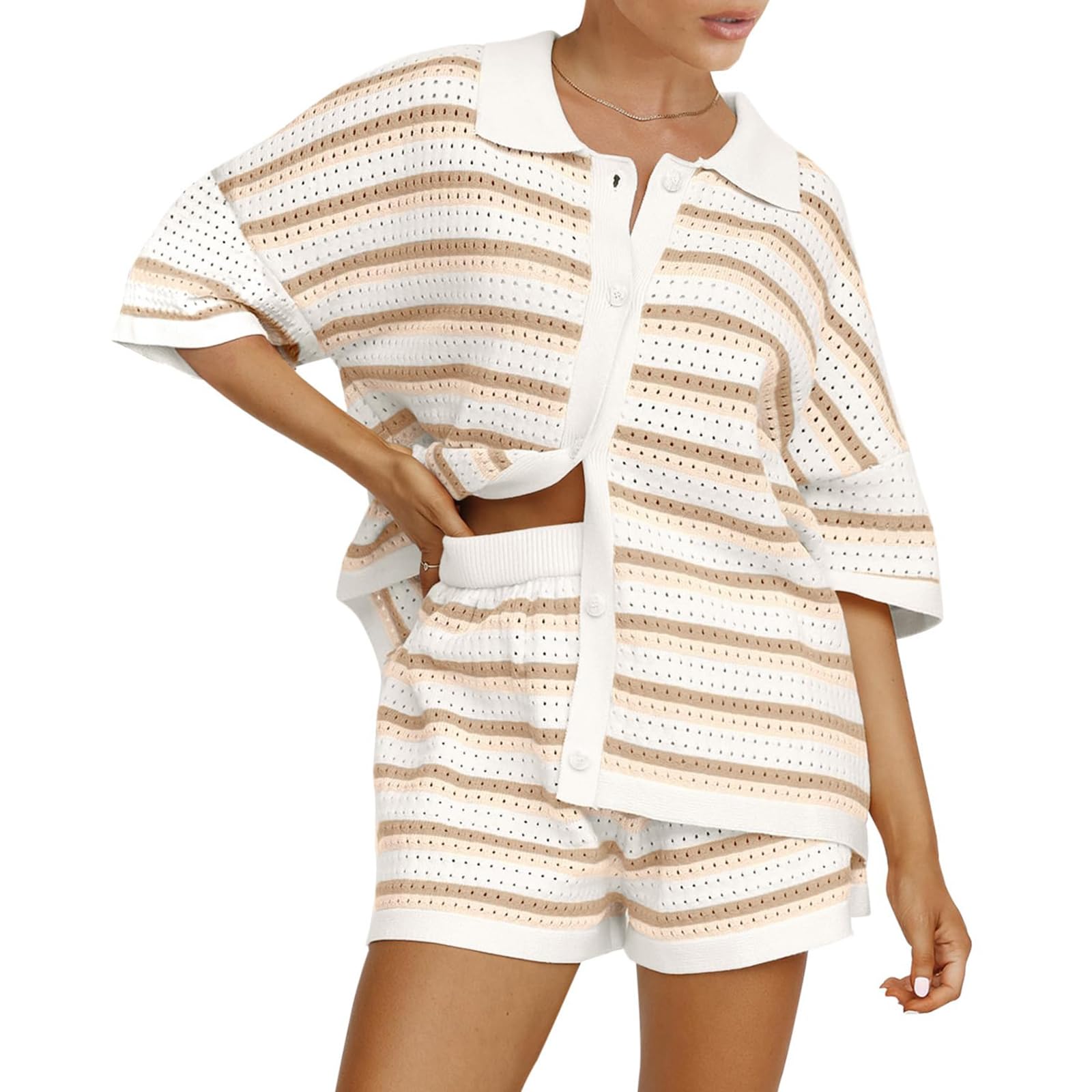 Gestreifte Damen-Sets, Sommer-Outfits, kurzärmelig, Knopfhemden, Oberteile und gestrickte Shorts, passende Lounge-Sets, Mode, Y2K Streetwear