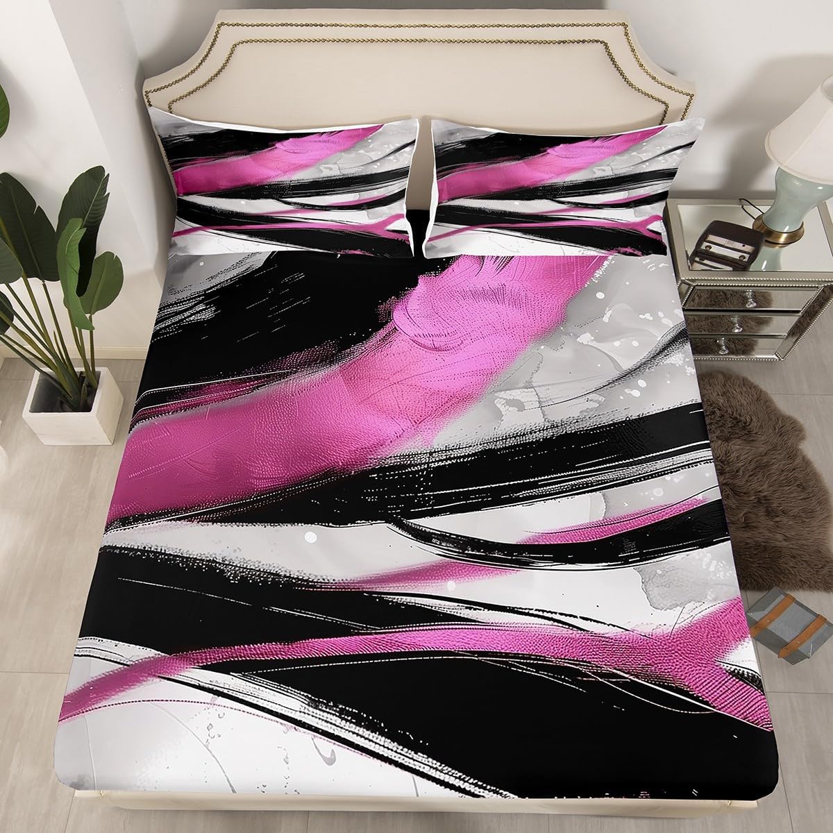 Erosebridal Black and Hot Pink Ombre Bed Sheets Grey Gradient Fitted Sheet Full Size, Hippie Graffiti Splash Bedding Chic Brush Stroke Sheet, Watercolor Oil Painting Bed Cover