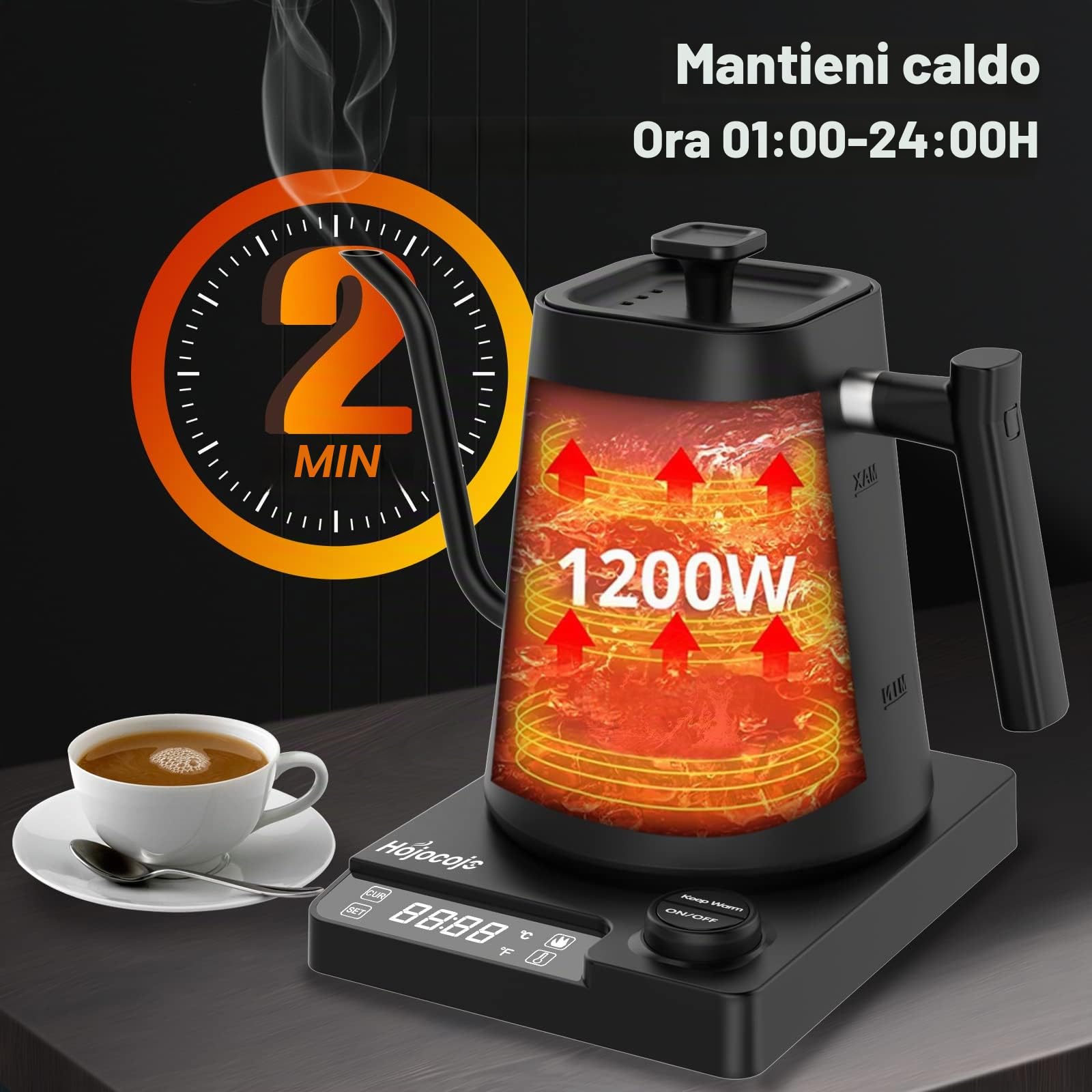 Bollitore Elettrico,Compatto in Acciaio Inossidabile da 1 Litro, Riscaldamento Rapido da 1200W,LED Schermo con Indicatore di Temperatura