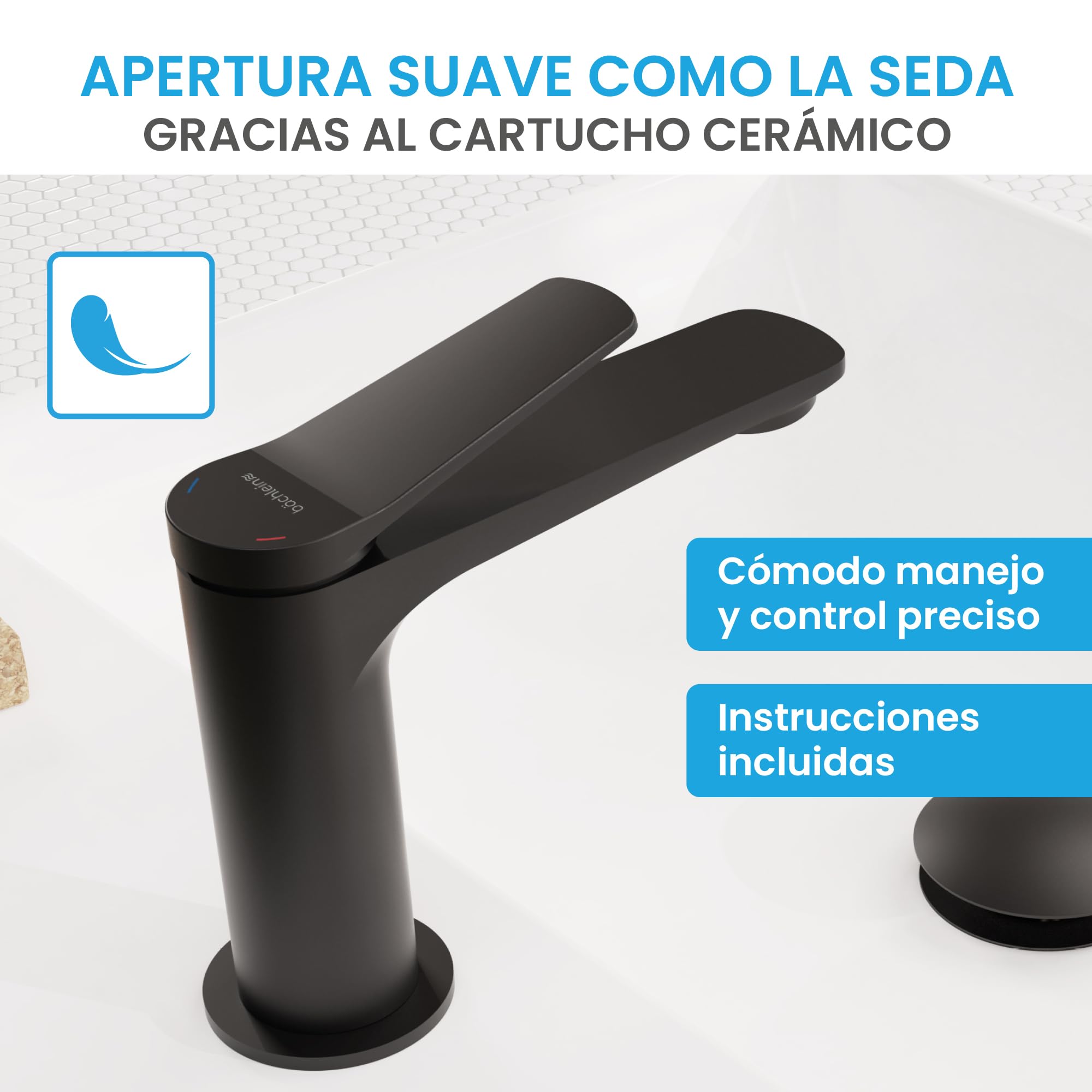 Bächlein Grifo de baño Aldeya en diseño moderno, monomando con cartucho de cerámica duradero y kit de montaje, grifo de baño negro mate