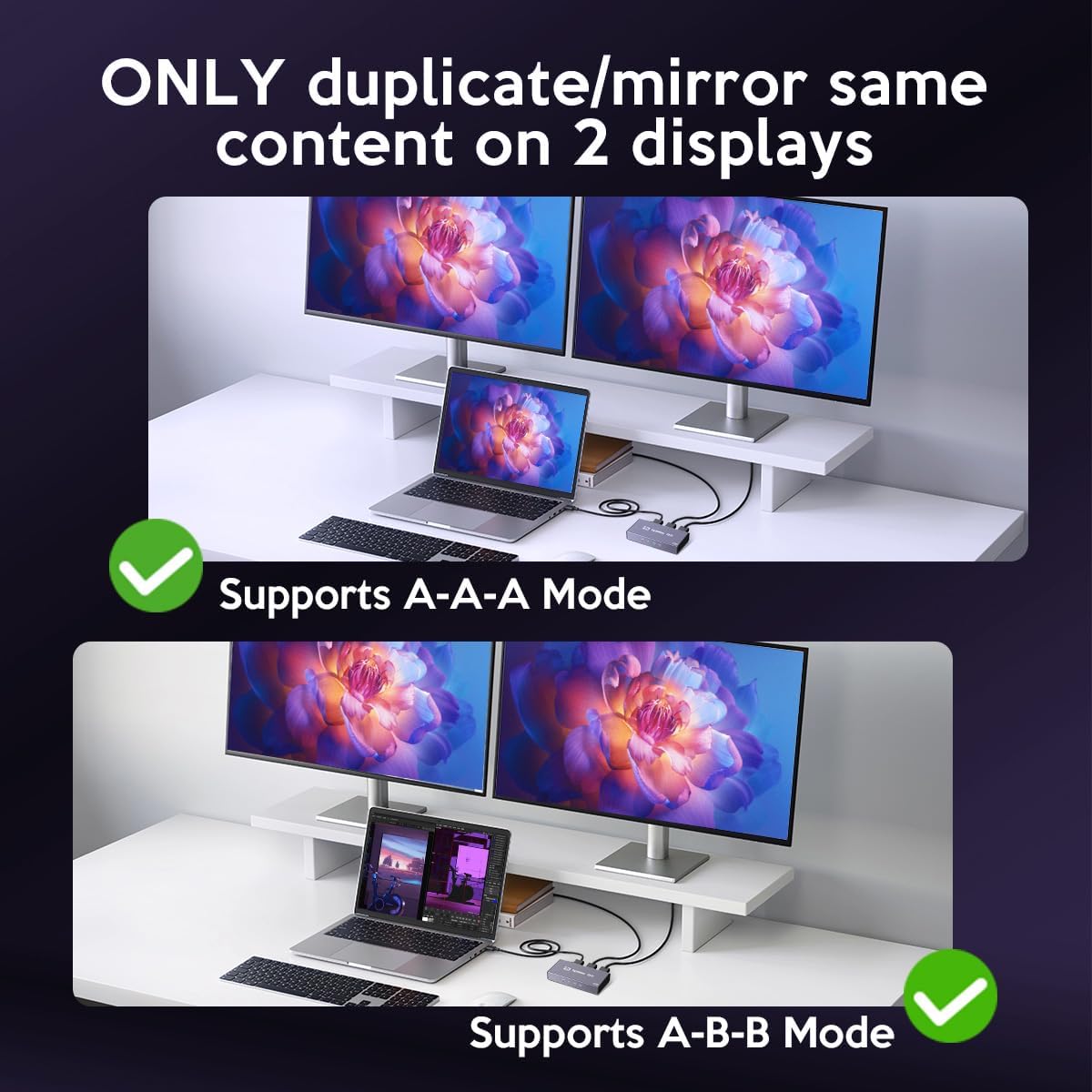 HDMI Splitter 1 in 2 Out, 4K UHD HDMI Splitter for Dual Monitors, with Mirror Mode, Audio Sync, Metal Shell, Compatible with TV, PS5, Xbox, STB, PC, Laptop - Image 3