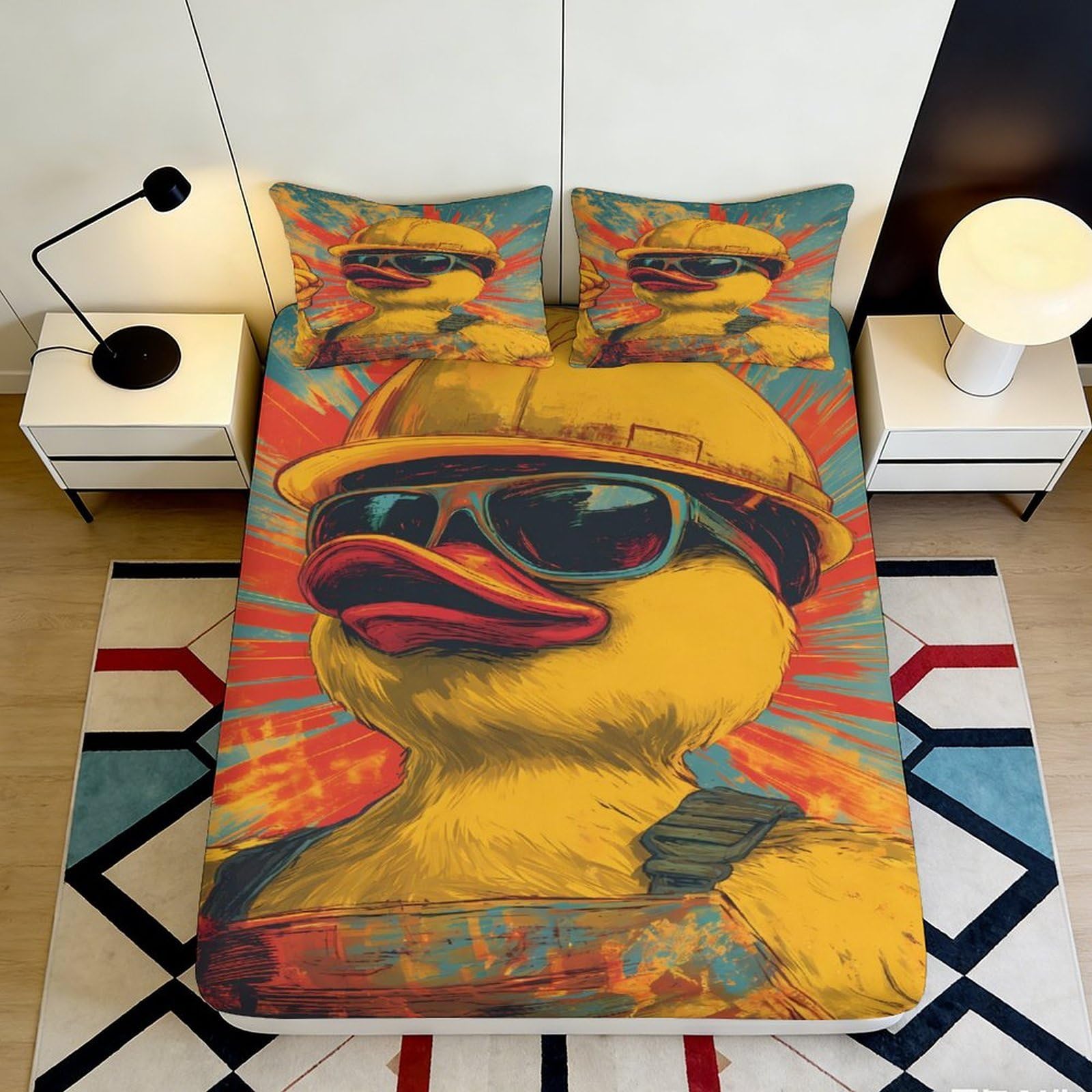 3D Printed Cool Duck Pattern Fitted Sheet Microfiber Soft Durable Colorful Construction Helmet Mattress Cover for Bedroom Dormitory Guest Room 140x200x25cm