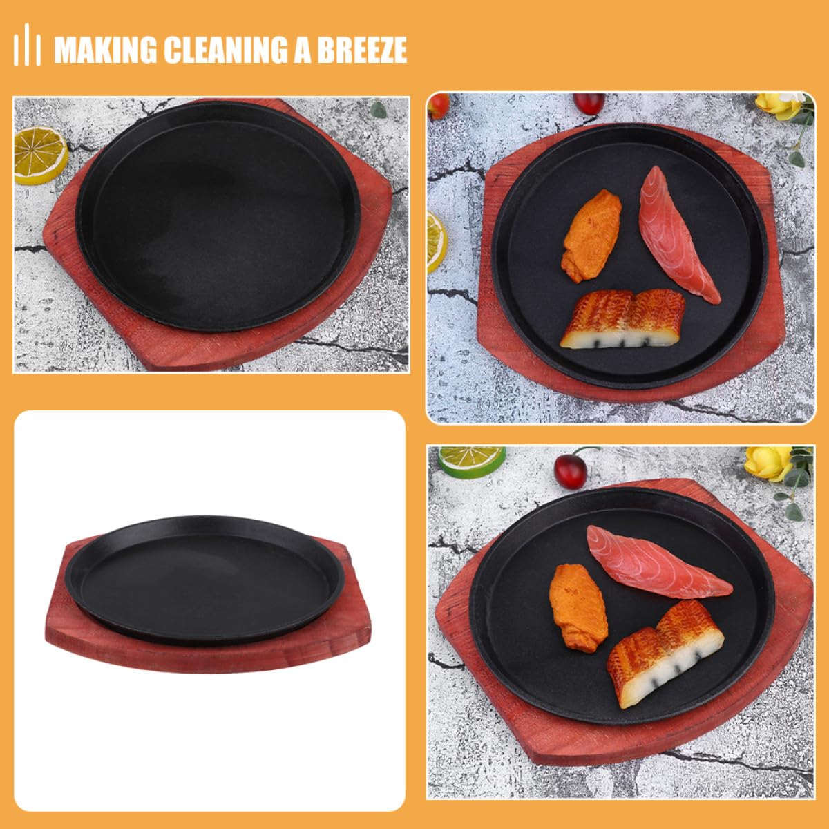 MAGICLULU Padella in Ghisa per Fajita Antiaderente con Piastra in Legno per Bistecca, Uso Versatile per Casa e Ristorante, Design Rotondo e Resistente