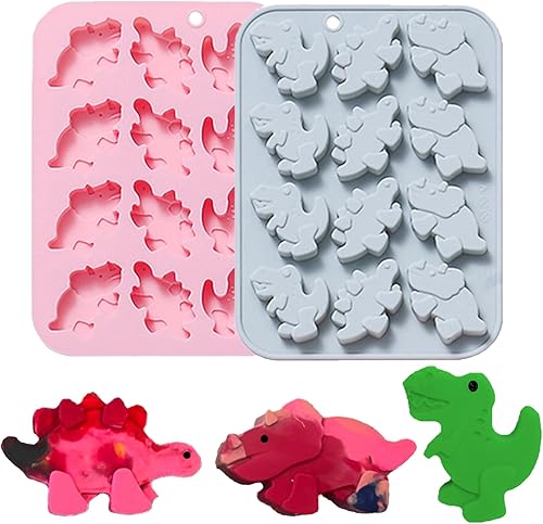 Paquete de 2 moldes de silicona de dinosaurio, 12 moldes de dinosaurio para chocolate, moldes de crayón para niños, bricolaje, chocolate, cera de