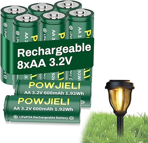 Paquete de 8 pilas solares AA de 3.2 V, batería recargable LiFePo4 de alta capacidad de 600 mAh, batería solar de 1.92 Wh, ideal para luces de