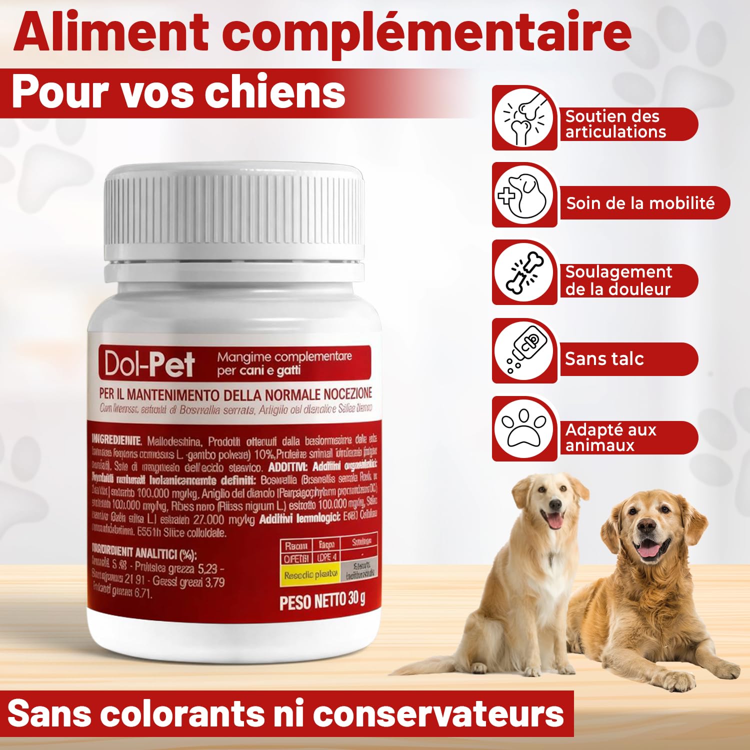 Dol-Pet Complément Articulaire Naturel pour Chien – Curcuma, Boswellia, Griffe du Diable – 30 Comprimés à Mâcher – Soulagement Arthrose et Douleurs