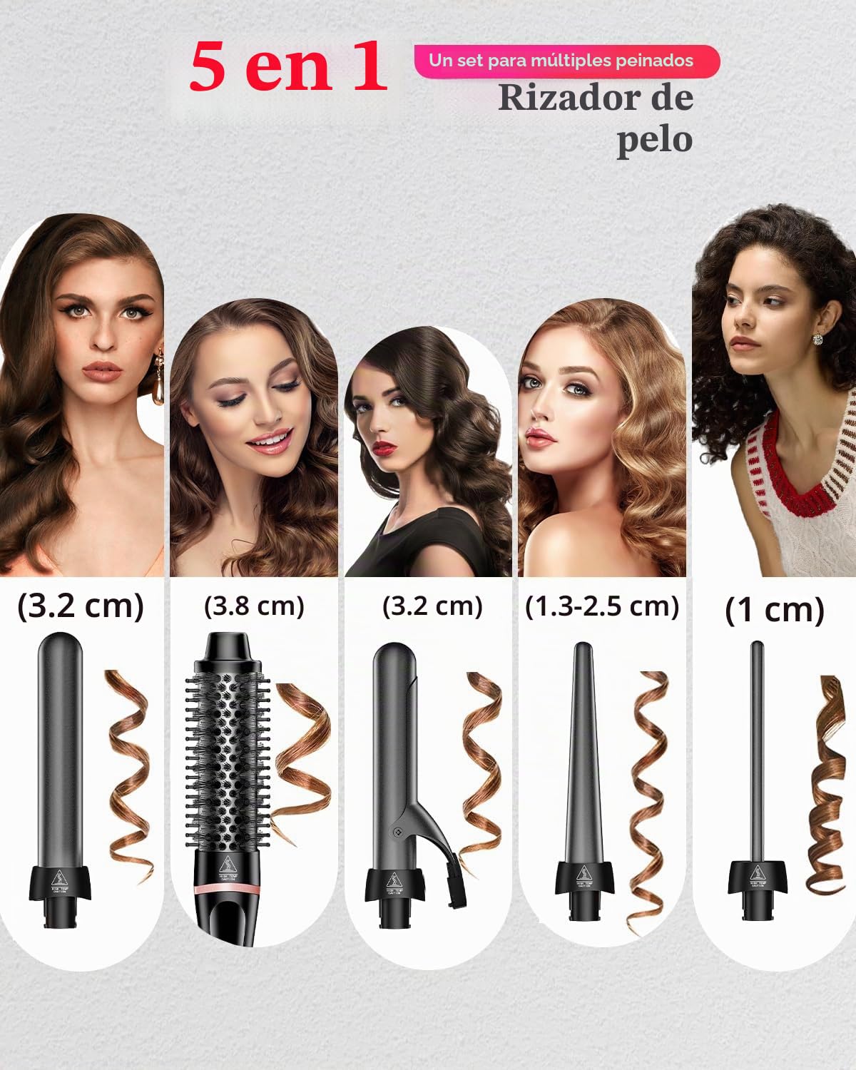 Rizador 5 en 1, Cepillo Térmico de Calentamiento Rápido con 4 Barriles Intercambiables de Cerámica (0.35"-1.25"), Herramientas de Viaje de Voltaje Dual Kit de Varilla Rizadora para Rizos y Moldeado