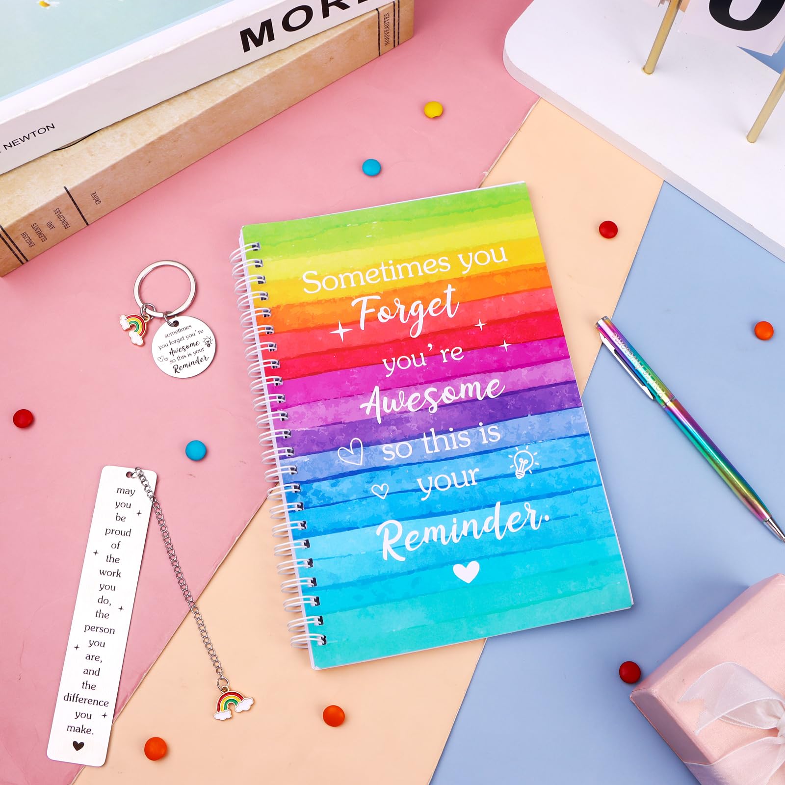 4 Pcs Thank You Inspirational Notebook Set including Rainbow Pen, Keyring and Bookmark, May You Be Proud of The Work You Do - Image 4