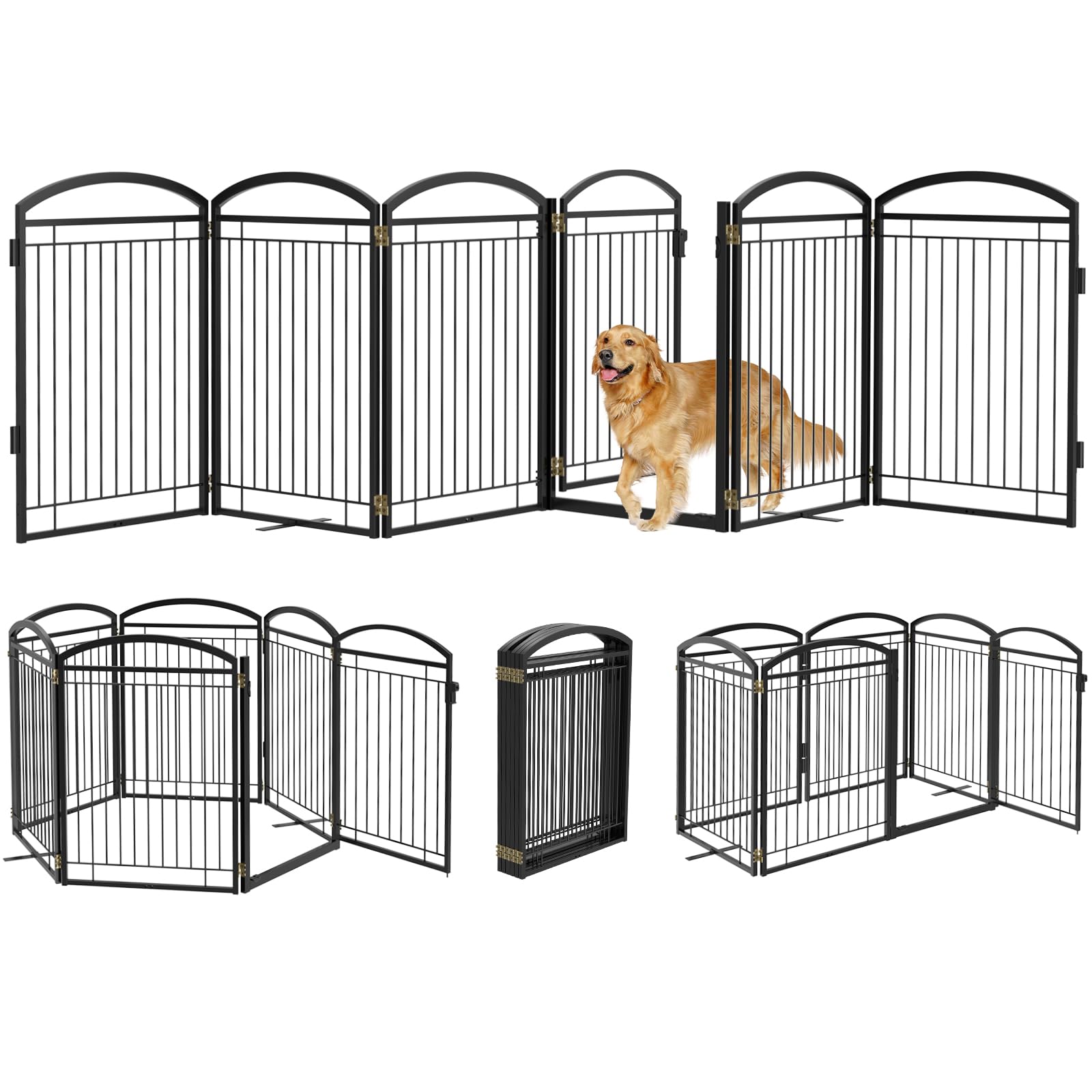Full Metal Free Standing Dog Gate with Door for Indoor Outdoor, 144'' Extra Wide 36'' Tall Dog Gate for Doorways,Large Openings,Decks,Freestanding