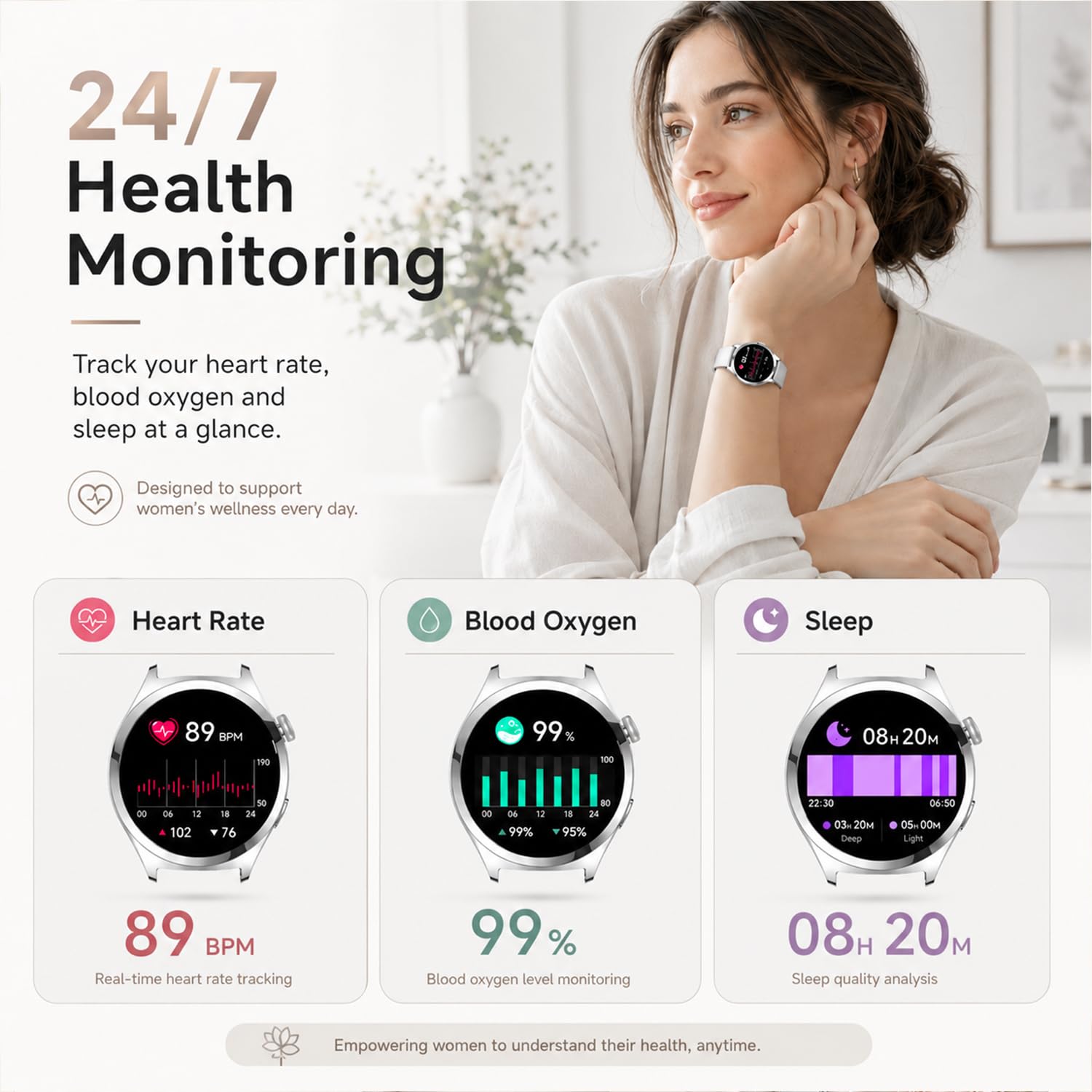 Smartwatch Donna, 1.27" Orologio Smartwatch con Chiamate, Cardiofrequenzimetro SpO2 Sonno, Activity Tracker Passi Calorie, 120+ Sport, IP68 Smart Watch Fitness per iOS Android Argento