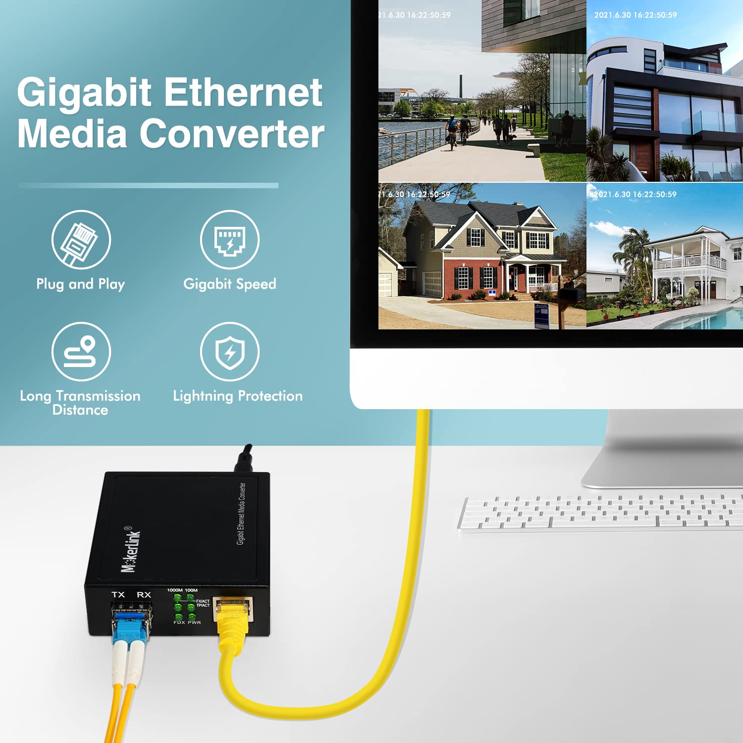 MokerLink Lot de 2 convertisseurs Gigabit SFP vers RJ45, convertisseur de média fibre monomode vers Ethernet, port RJ45 10/100/1000 Mbps, module SFP 1000Base-LX 1310 nm jusqu'à 20 km