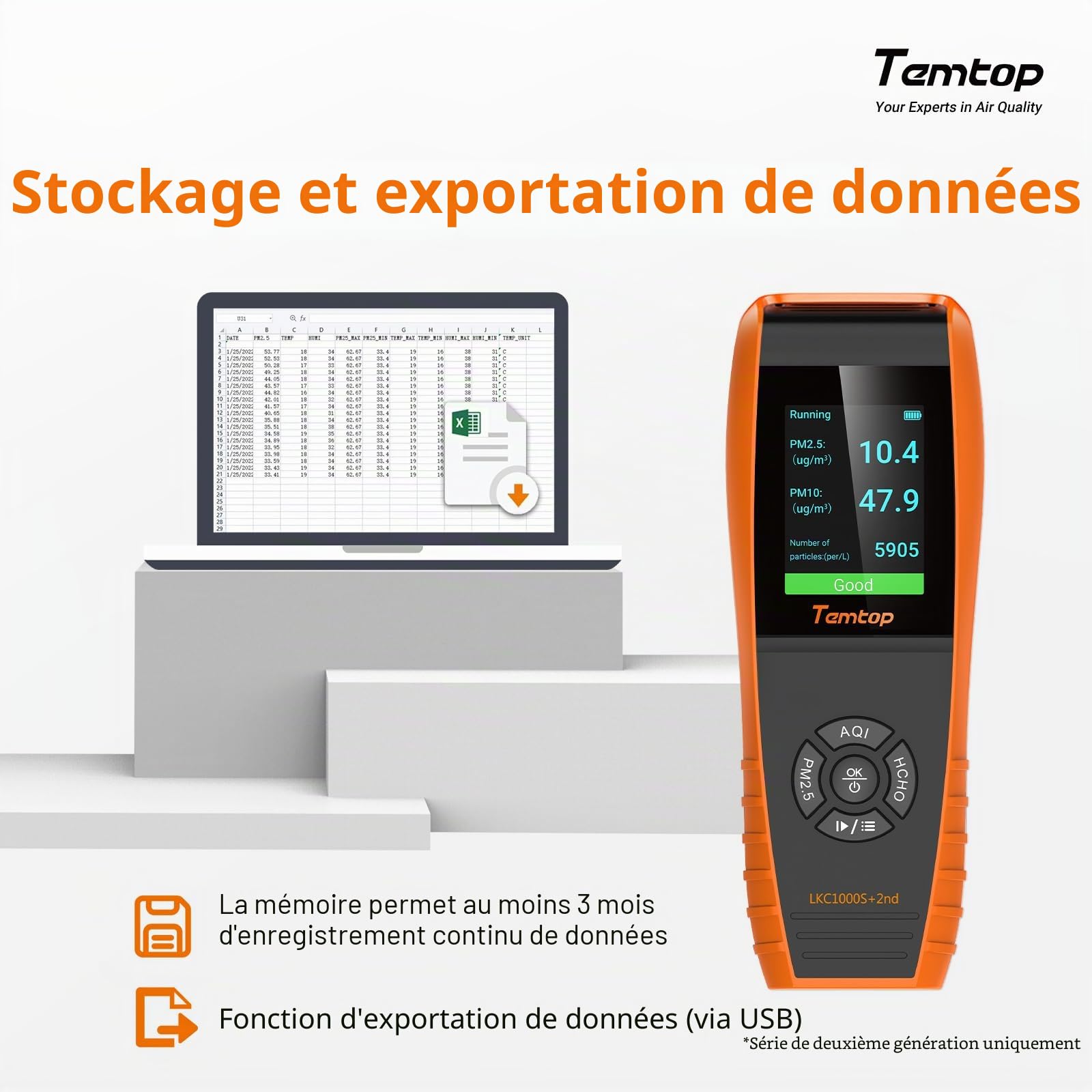 Temtop Détecteur de Qualité de l'air Appareil Mesurant PM2,5 PM10 HCHO COV AQI Température et Humidité Moniteur Qualité Air Intérieur pour Maison Bureau, LKC-1000S+2nd