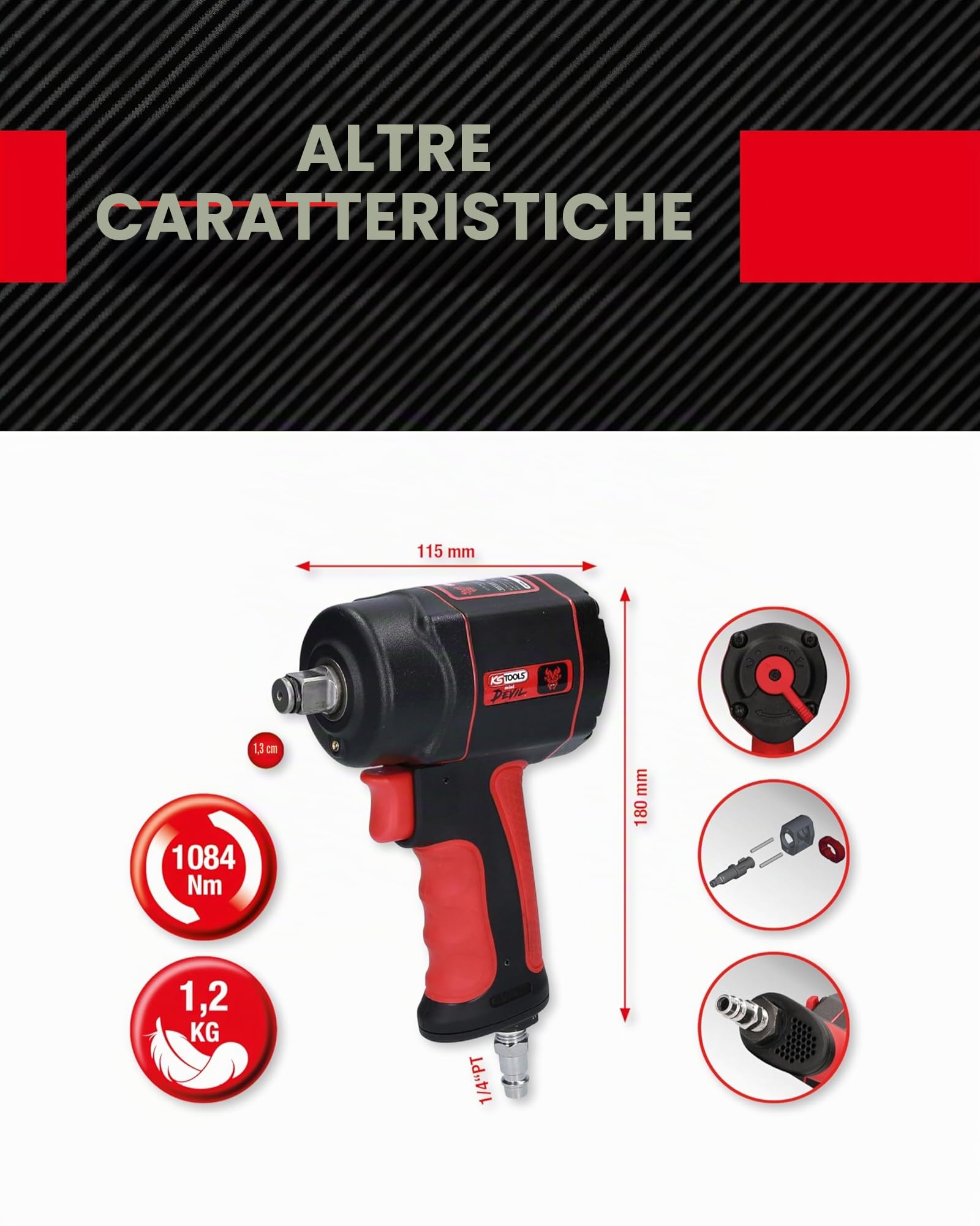 KS Tools 515.1315 1/2" Avvitatore ad impulsi pneumatico THE miniDEVIL ad alte prestazioni 1.084 Nm