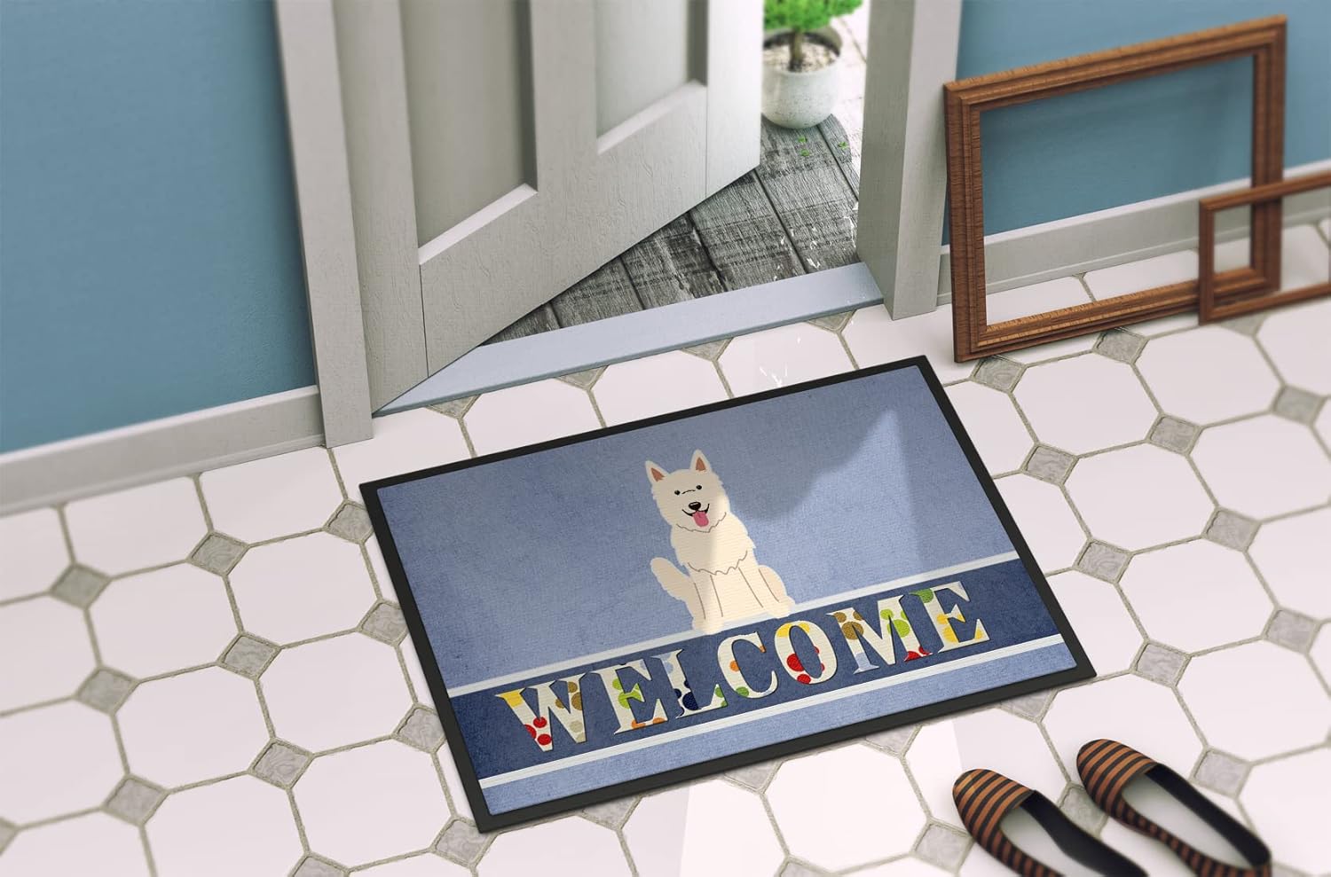 Caroline's Treasures BB5626MAT White German Shepherd Welcome Doormat 18x27 Front Door Mat Indoor Outdoor Rugs for Entryway, Non Slip Washable Low Pile, 18H X 27W