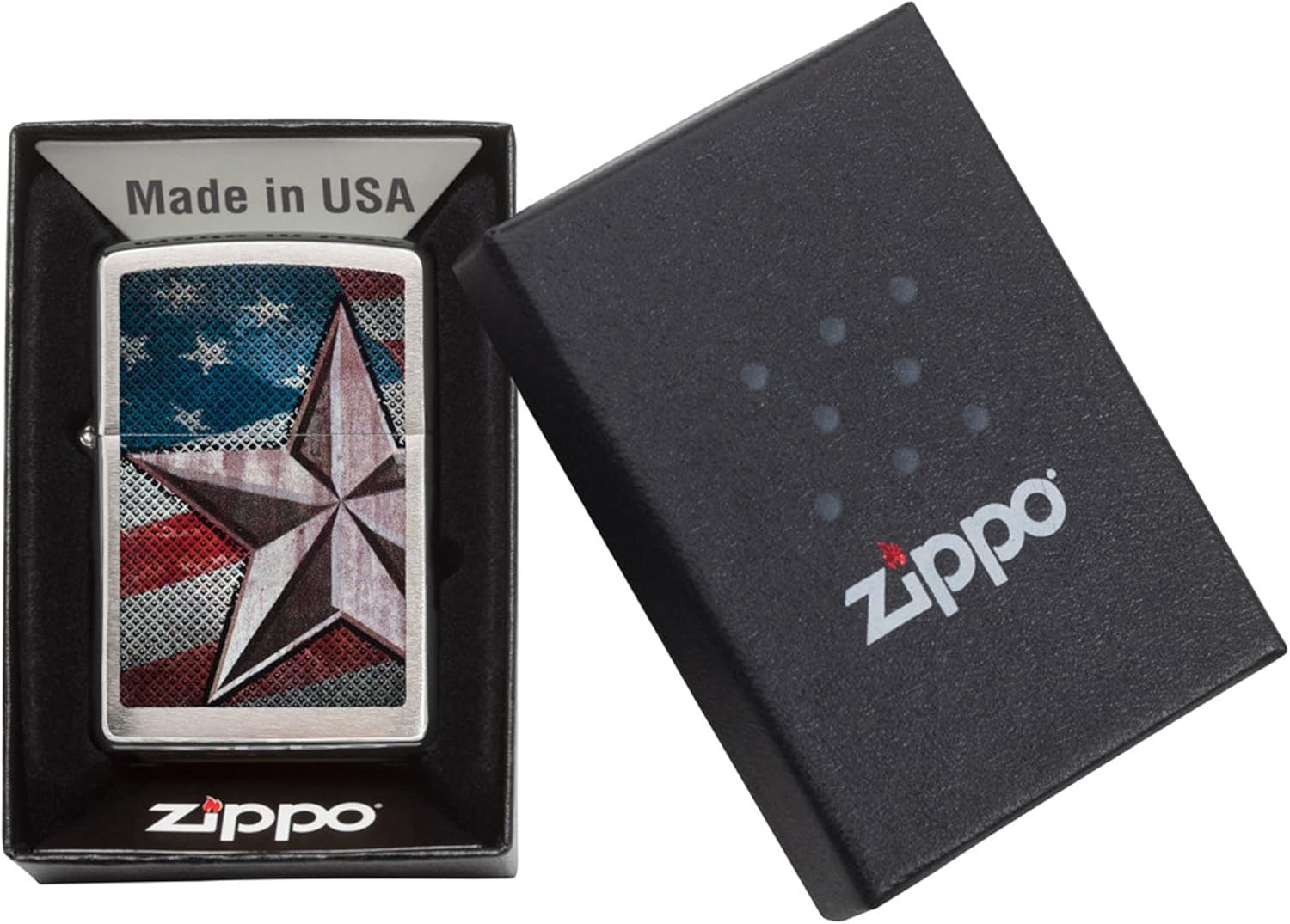 Zippo American Flag Star Pocket Lighter, Brushed Chrome, One Size (86-28653)