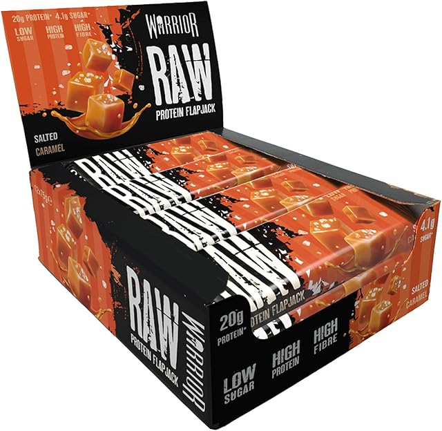 Warrior, Raw Protein Flapjacks - 12 Bars x 75g Each - Packed with 21g of Protein (Salted Caramel)