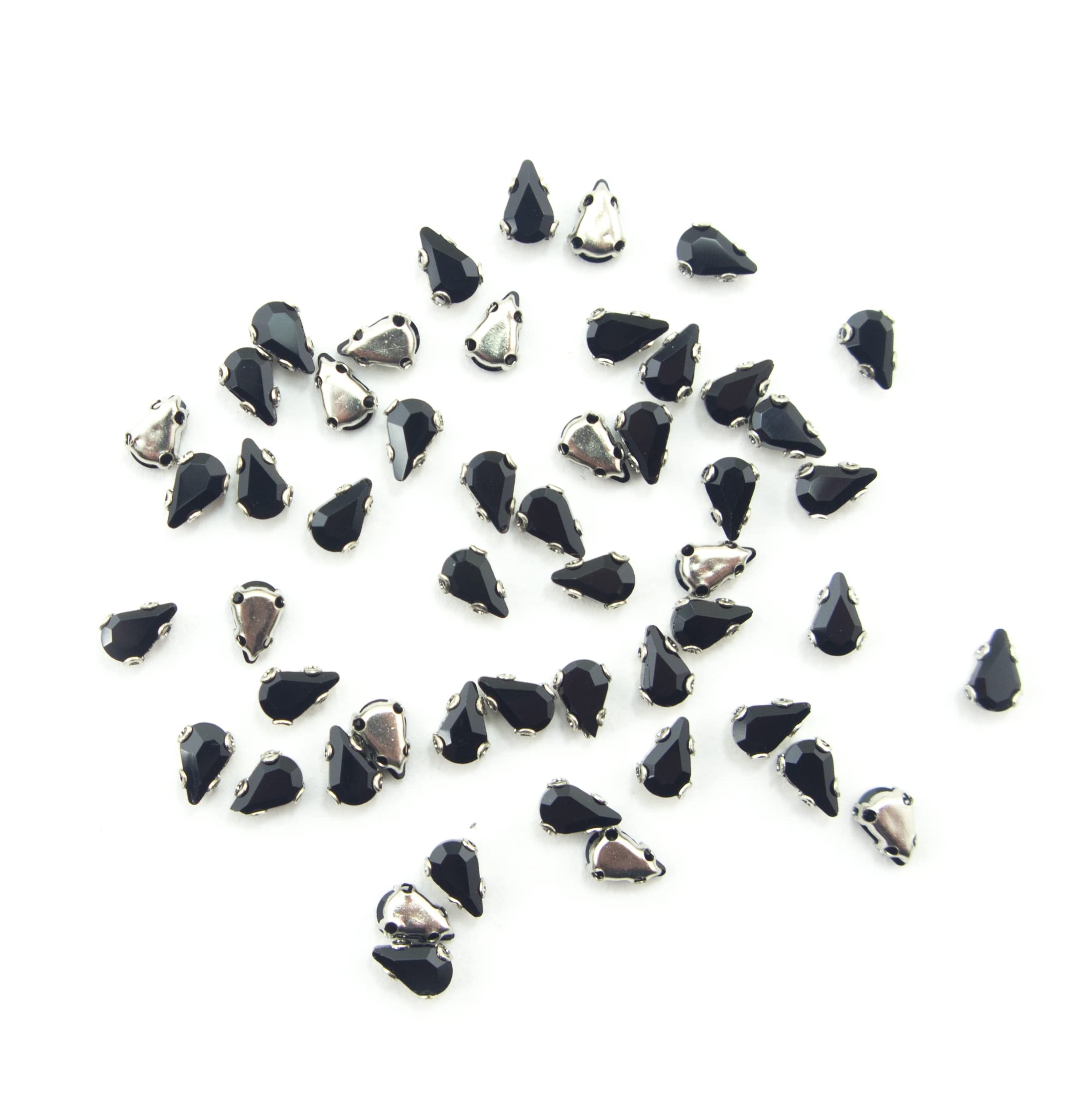 HAND® Set of 25 Small Black Glass Crystal Teardrop Sew in Trims with Silver Tone Metal Mounts - 6 x 3 mm