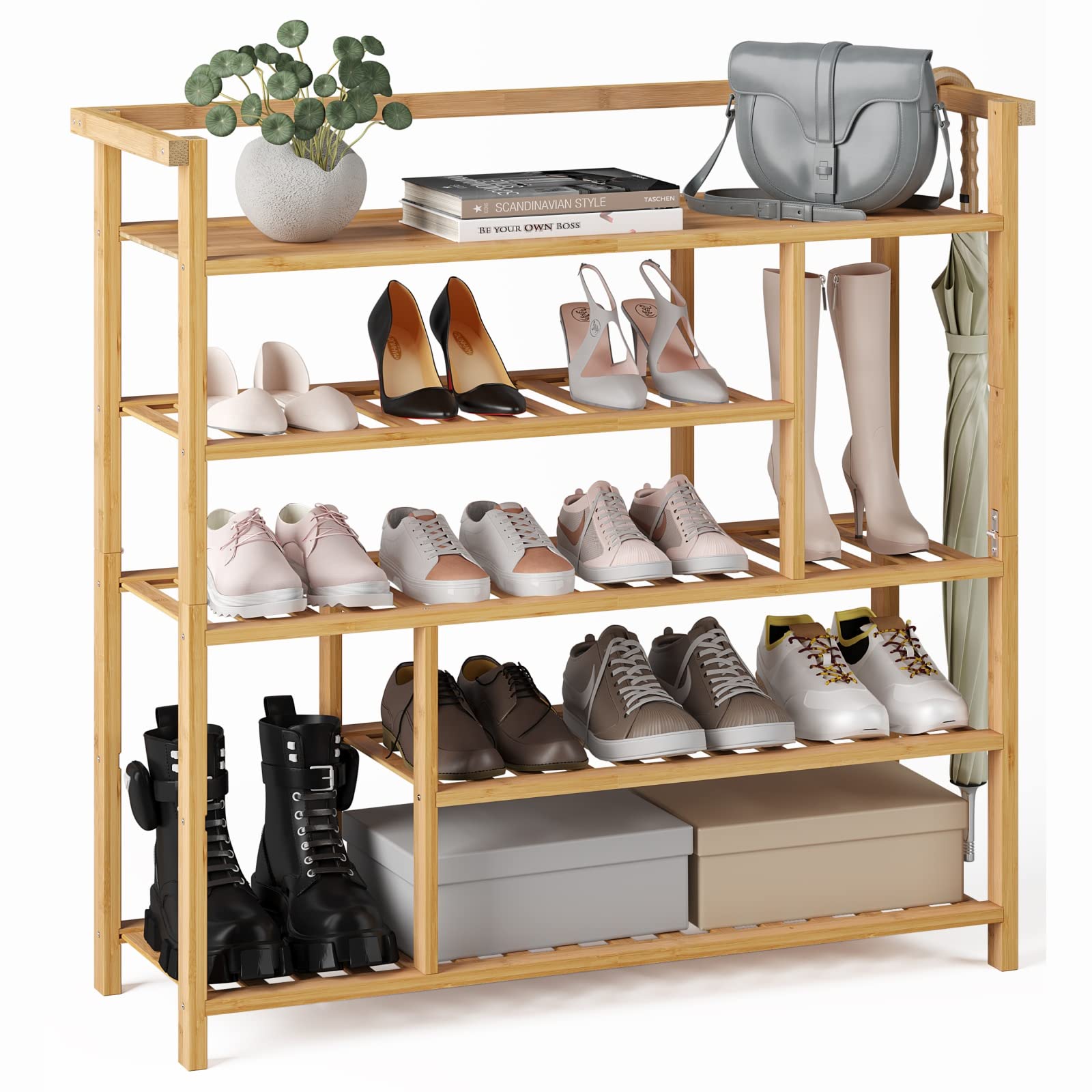 Fibogollo Shoe Rack, 5 Tier Bamboo Shoe Shelf, Shoe Organizers with Spacious Top, Large Shoes Rack for Closet, Entryway, Bedroom(Natural)