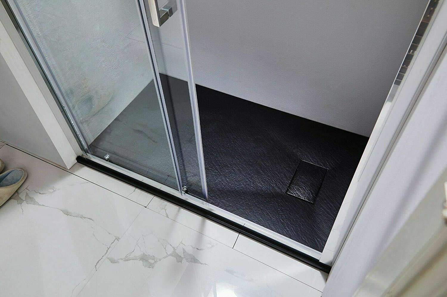 Piatto Doccia Spessore 2.6 Cm In Resina Effetto Pietra Stone Ardesia Filopavimento Antiscivolo Indistruttibile Riducibile Arredo Bagno Con Griglia Di Copertura Colore Nero (80 x 100 cm)