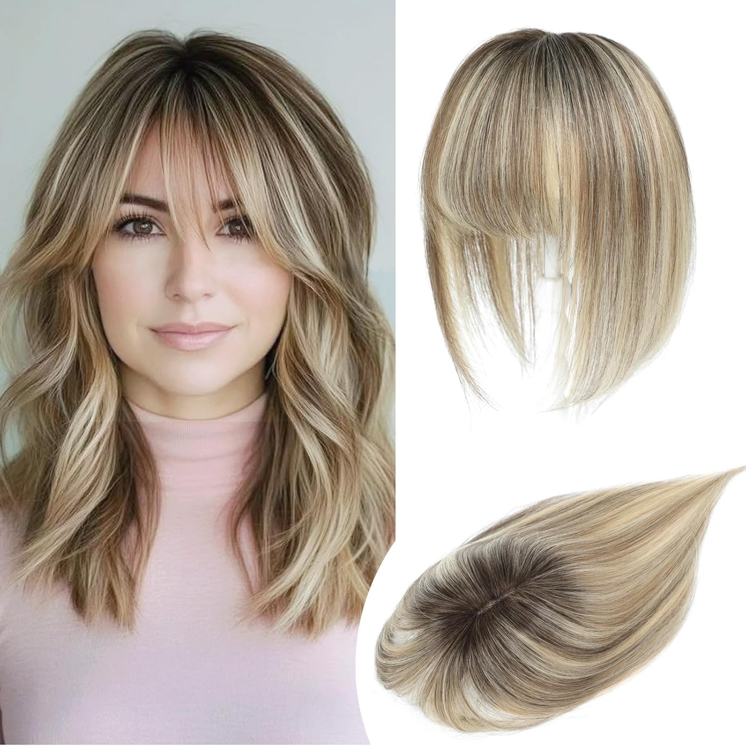 Lasunork Hair Toppers for Women Human Hair Topper Clip in Fringe Hand-woven Swiss Base Hair Topper (Ombre Light Brown with Blond Highlight)