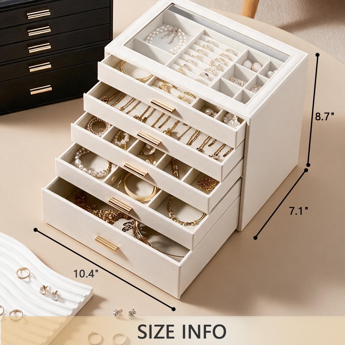 ZPROW Jewelry Box Organizer for Women with Glass window, 5-Layer Jewelry Storage, with 5 Drawers Jewelry case for Necklaces Rings Earrings Bracelets Gift - White image 5
