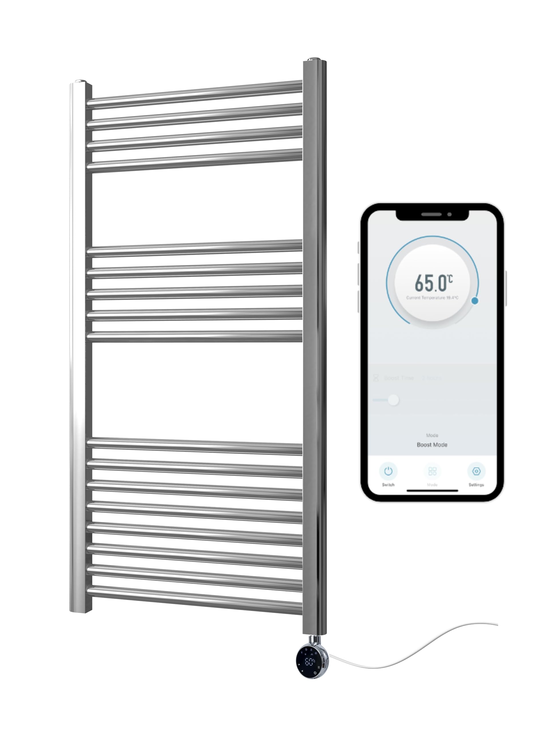 Greened House Chrome Electric WiFi Heated Towel Rail 500mm W x 1000mm H