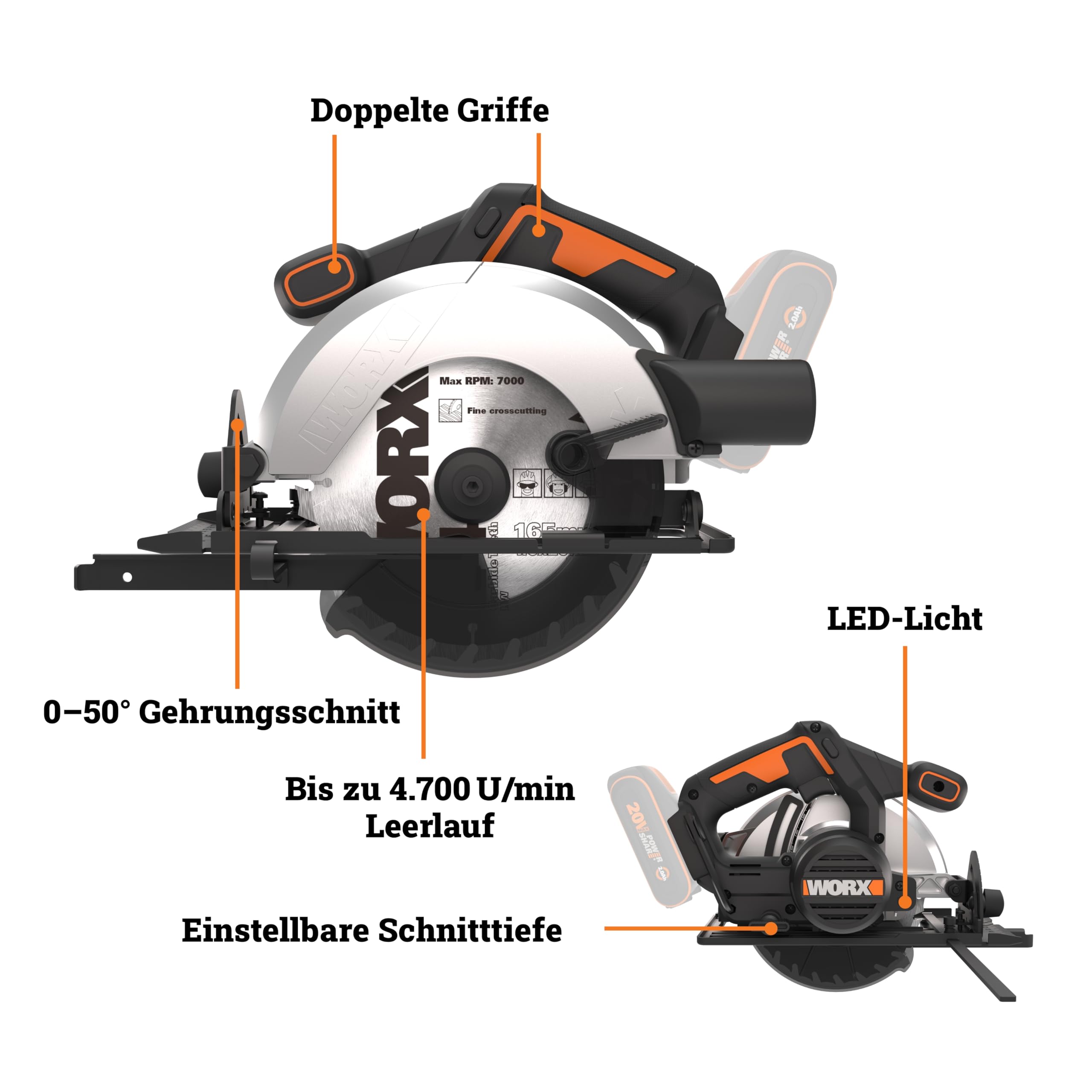 WORX WX526.9 Akku-Kreissäge 20V – 165mm Sägeblatt – 0-50° Neigungswinkel werkzeuglose Einstellung – 55mm max. Schnitt (90°) – kompaktes Design – Absaug-Adapter – ohne Akku & Ladegerät
