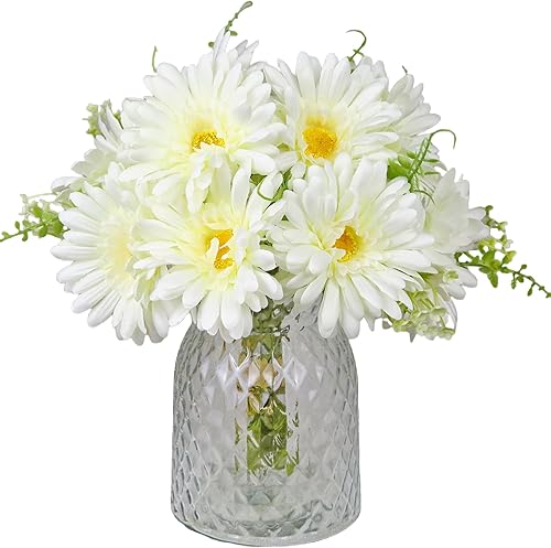 TOPIA Ramo de margaritas artificiales y gerberas de flores falsas, color blanco seda, 10 tallos que combinan con flores silvestres