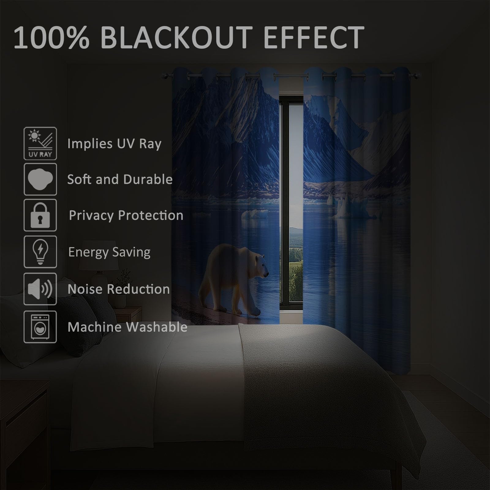 Verdunklungsvorhänge Eisbär EIS Kinderzimmer Vorhänge Blickdicht, Blau Thermovorhang mit Ösen, für Schlafzimmer Fenster & Balkon Schnee Natur Bilder - 110 x 215 cm (2er Set)