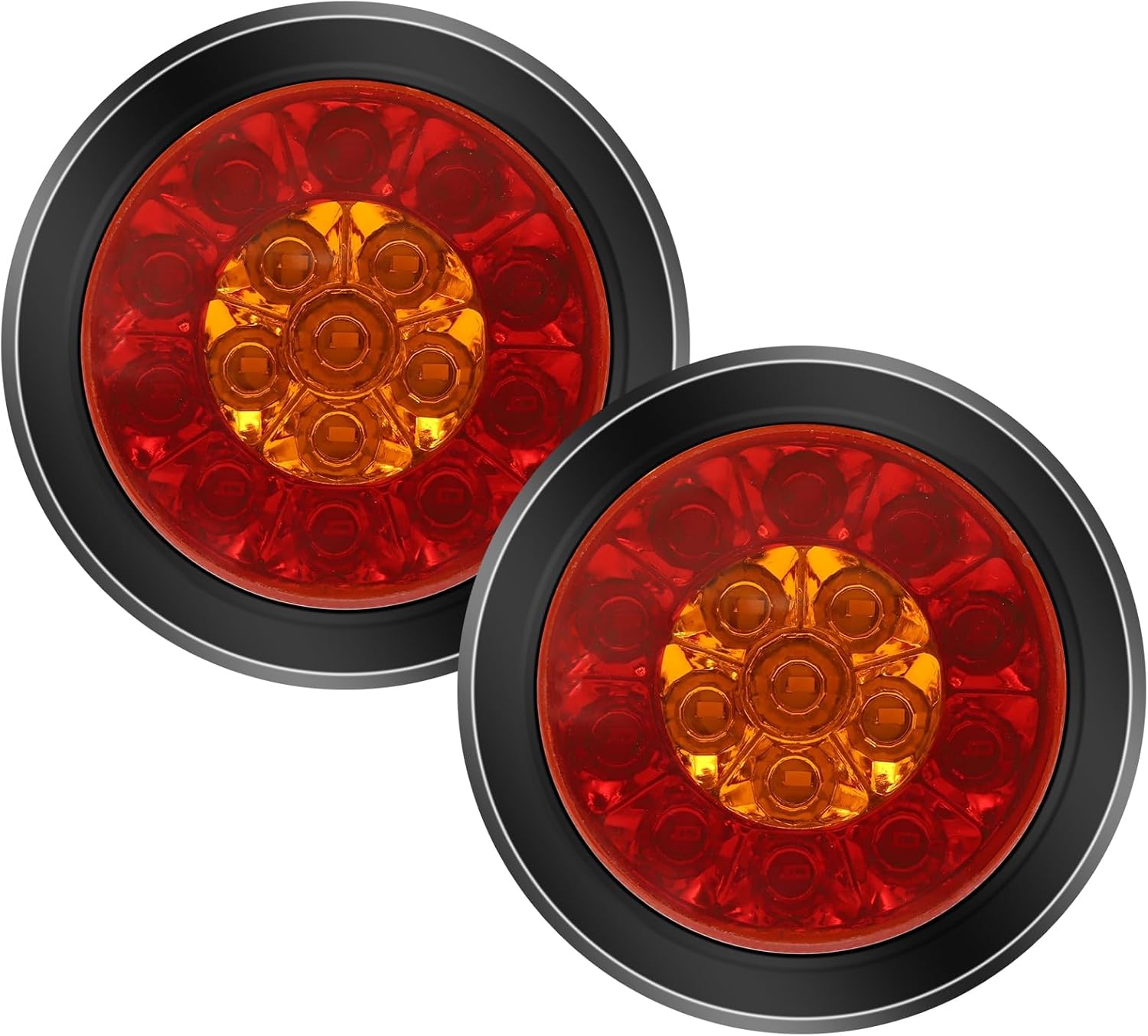 4 inch round led tail lights, led tail lights for trucks, 4” round with Chrome Bezel, Lamps Compatible with Offroad Trucks RV, 12-24V, 2Pcs (Red&Yellow, RubberBezels)