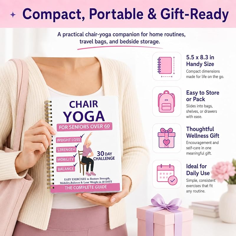 Chair Yoga For Seniors Over 60 Book & Chart,30-Day Beginner Challenge with 54-Page Spiral Bound Exercise Guide,Senior Fitness Planner for Weight Loss,Toning,Flexibility and Daily Workouts,Pink image 5