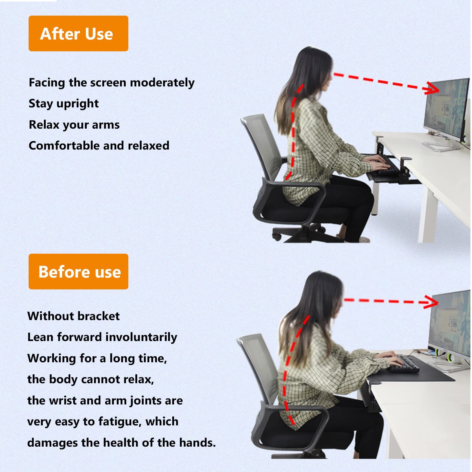Bandeja para teclado debajo del escritorio, estante deslizante ajustable en blanco y negro, diseño de abrazadera para oficina en casa, reposamuñecas ergonómico para mayor comodidad