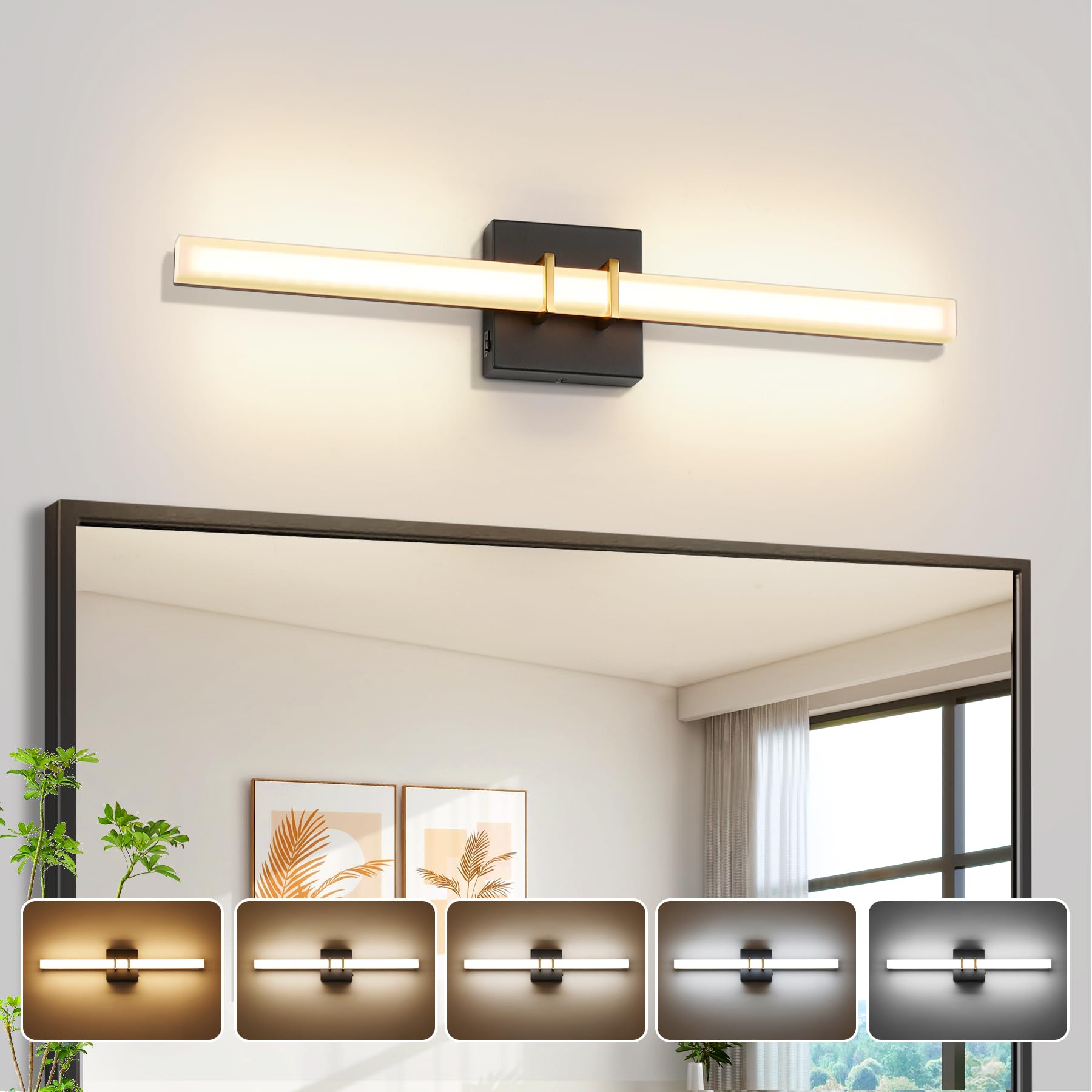 Modern Black and Brass Vanity Light Bar 24 Inch 16W 5CCT Dimmable Bathroom Light Fixtures LED Wall Lighting