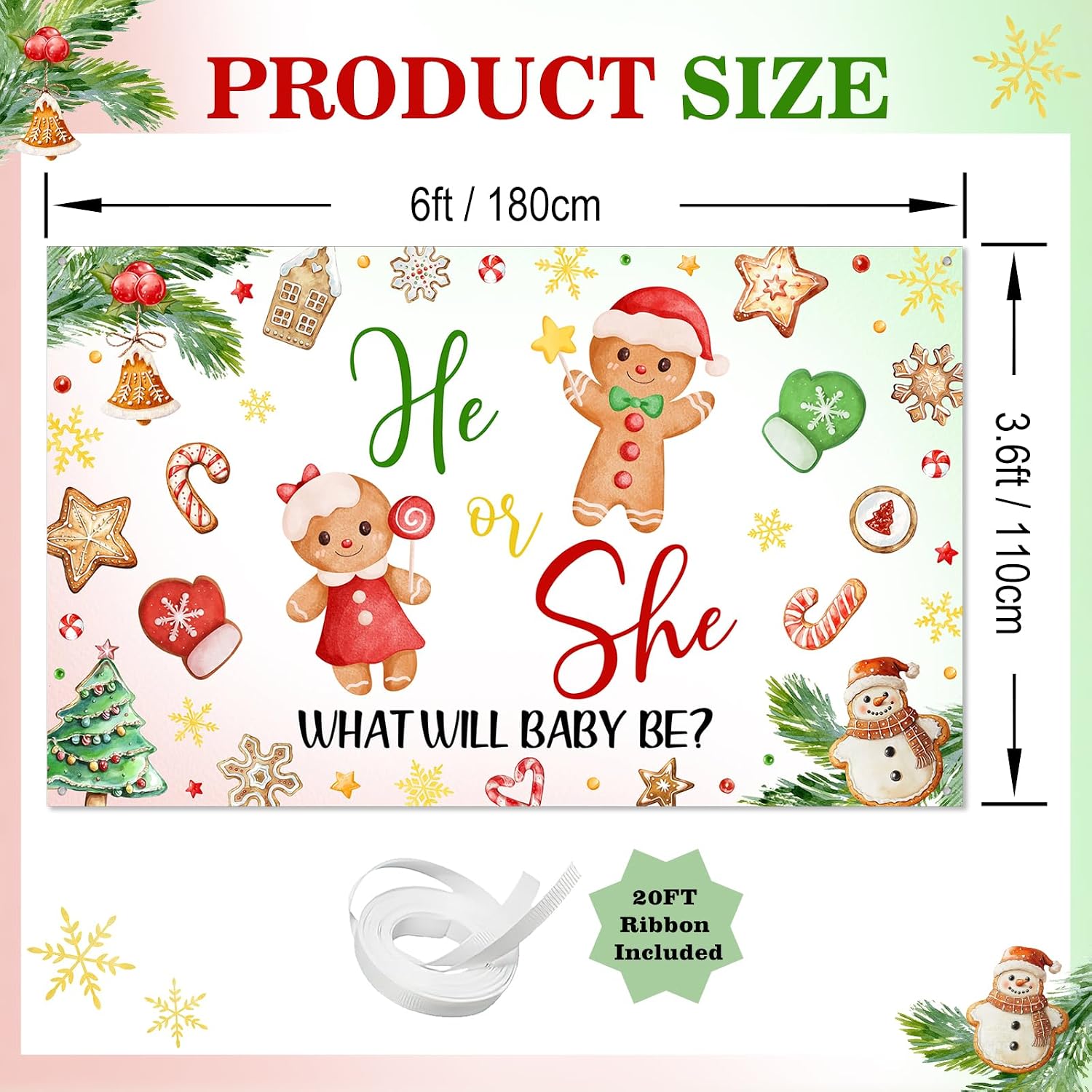 Avezano Christmas Gender Reveal Backdrop Gingerbread He or She Banner Xmas Winter Gender Reveal Party Baby Shower Supplies 6x3.6ft