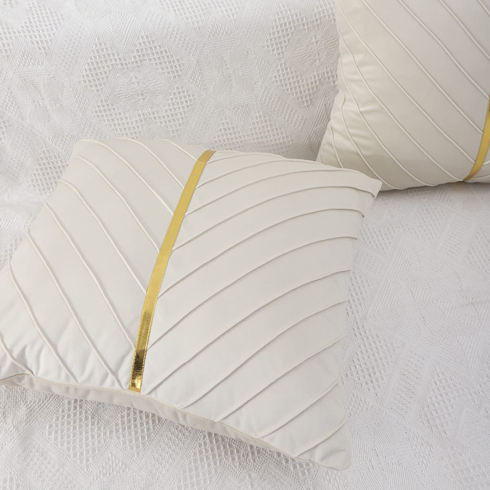 Tosleo Beige Velvet Throw Pillow Covers 16x16 inch Pack of 2 with Gold Leather Decorative Couch Pillow Cover Luxury Modern Pillowcases for Living Room Bedroom Sofa Cushion Bed 40 x 40 cm - Image 4
