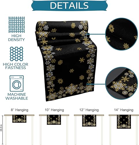 Miniatura 5 de Christmas Winter Table Runner with Placemats Set of 4, Cotton Linen Kitchen Dining Mats Long Table Cover 16"x72" Xmas Snowflakes Gold Black Holiday
