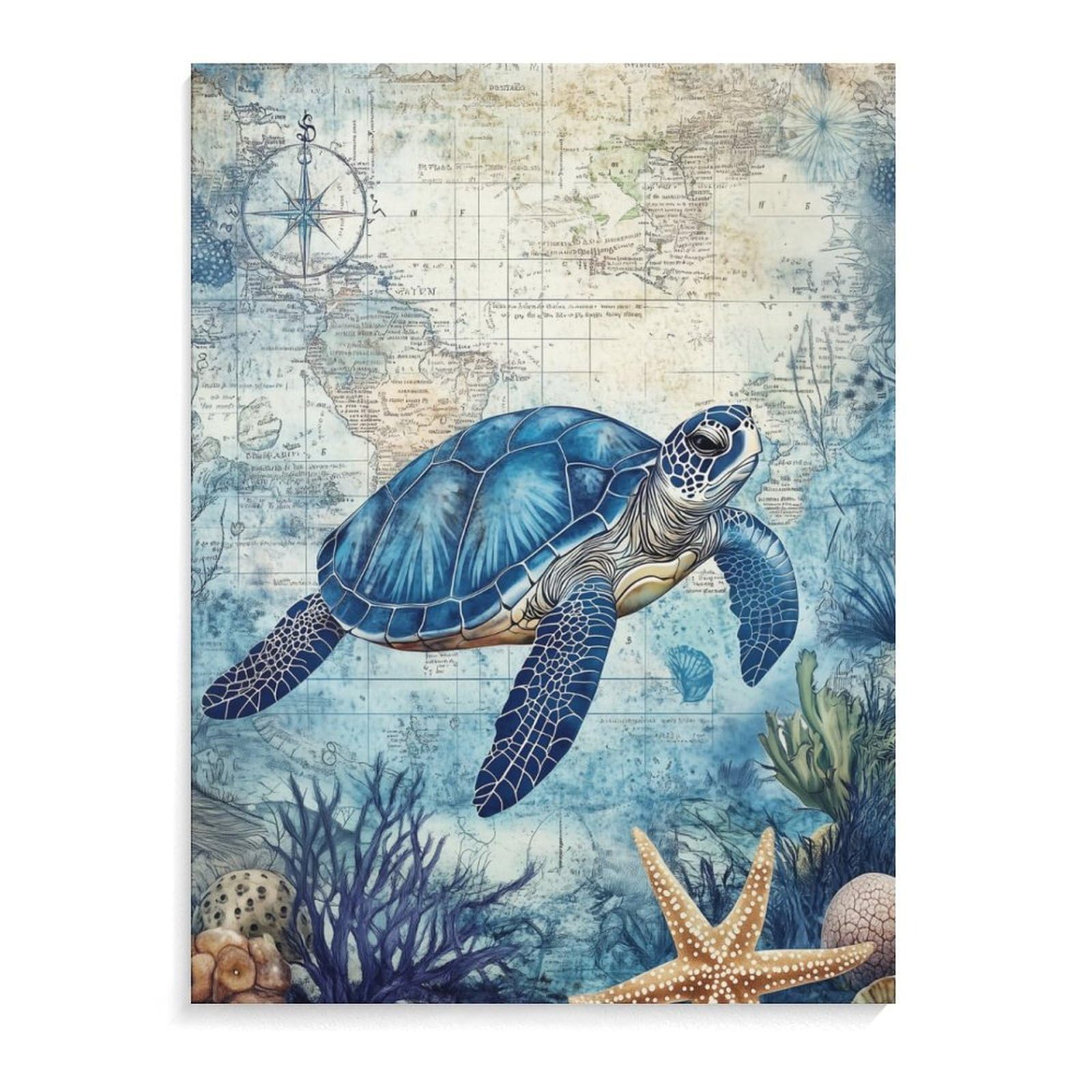 Nautical Sea Turtle Canvas Wall Art Print For Bathroom Bedroom Living Room Marine Ocean Unframed Canvas Poster Picture Painting Hotel Restaurant Bar