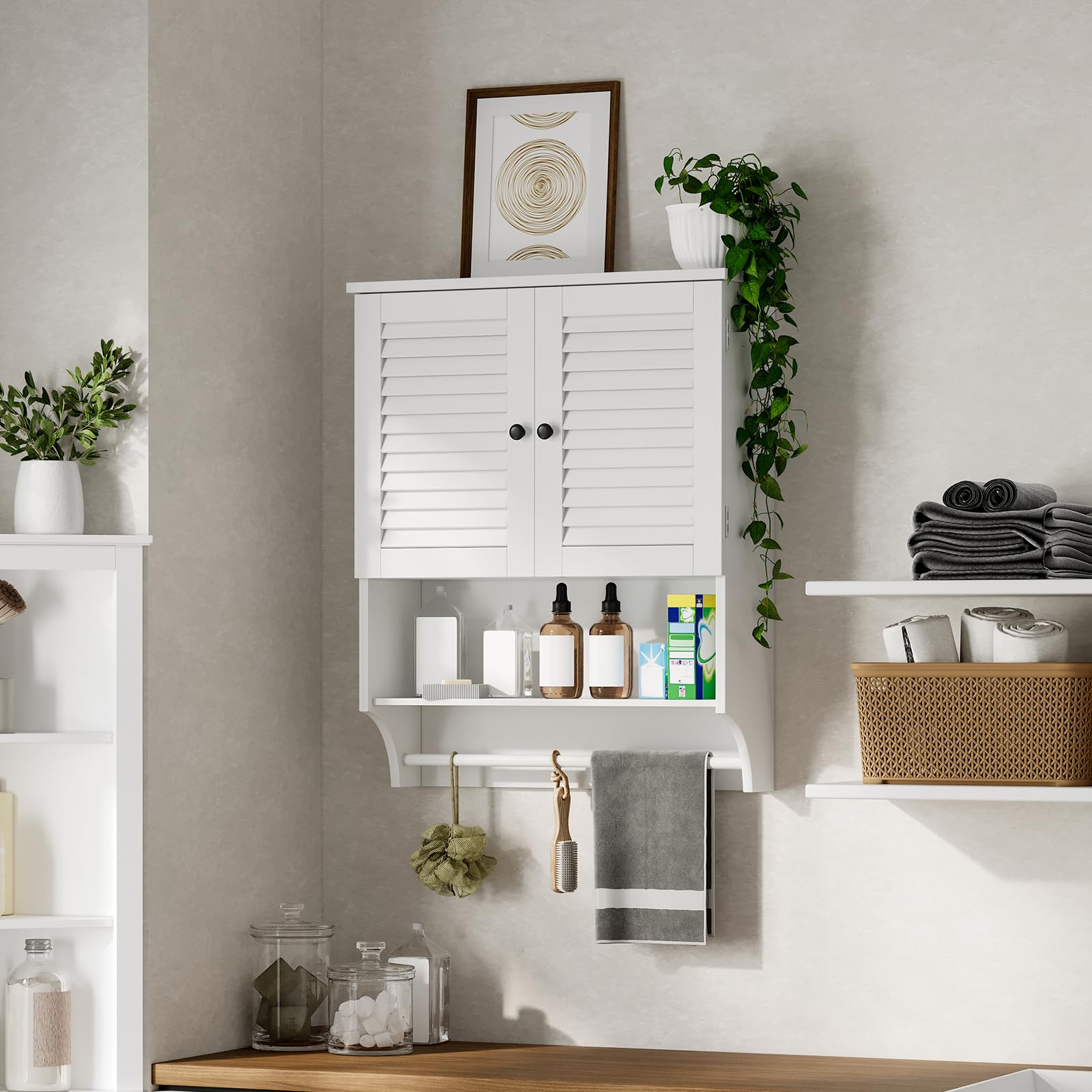 Meuble Salle de Bain Mural 2 Portes, Étagères Réglables avec Barre à Serviettes Blanc