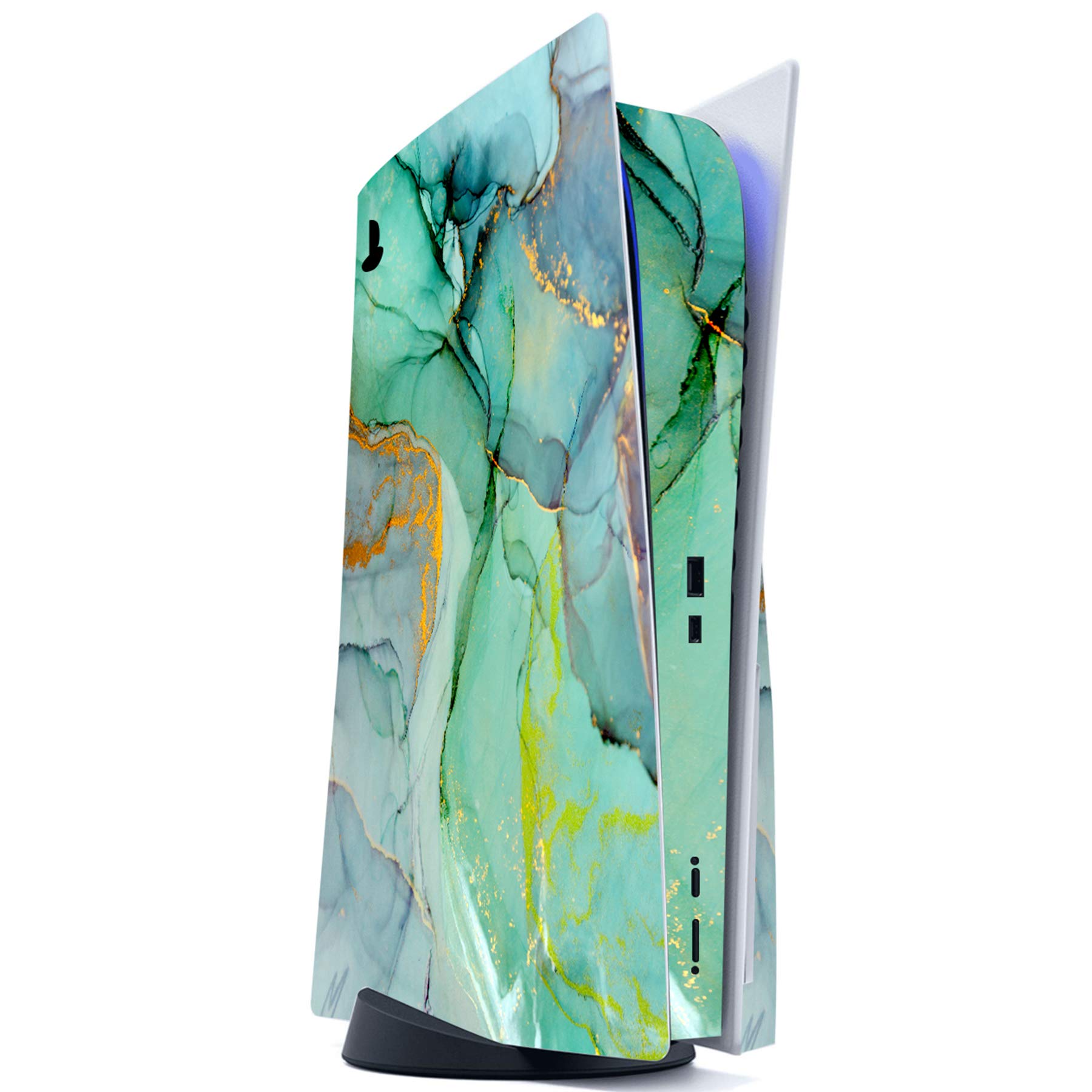 playvital Turquoise Marble Effect Full Set Skin Decal for ps5 Console Disc Edition,Sticker Vinyl Decal Cover for ps5 Controller & Charging Station & Headset & Media Remote - 5