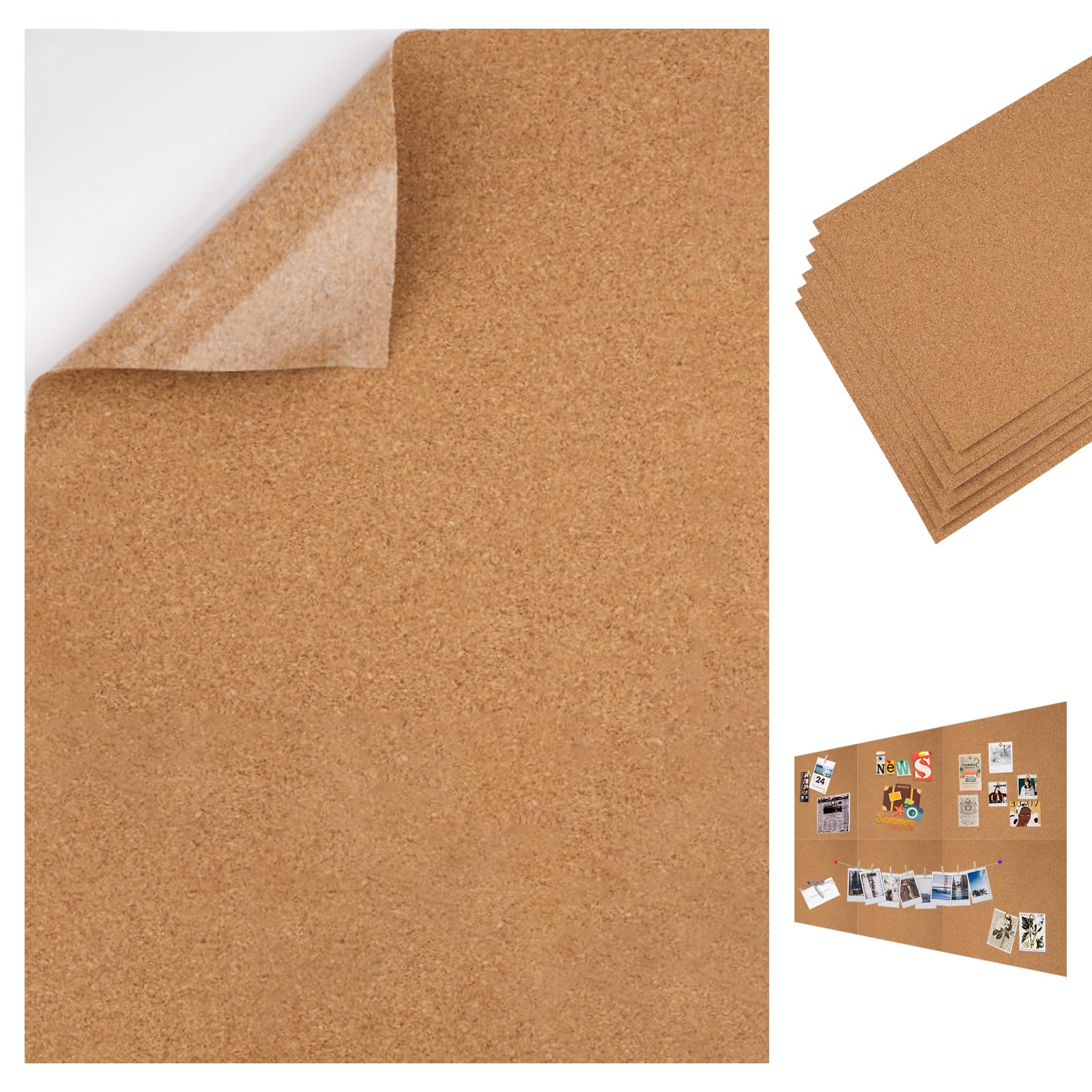 Confezione da 6 bacheche in sughero con 1 scatola di aghi, 30 x 30 cm, bacheca autoadesiva in sughero per ufficio, cucina, bacheca per appunti, bacheca per appunti, foto, promemoria