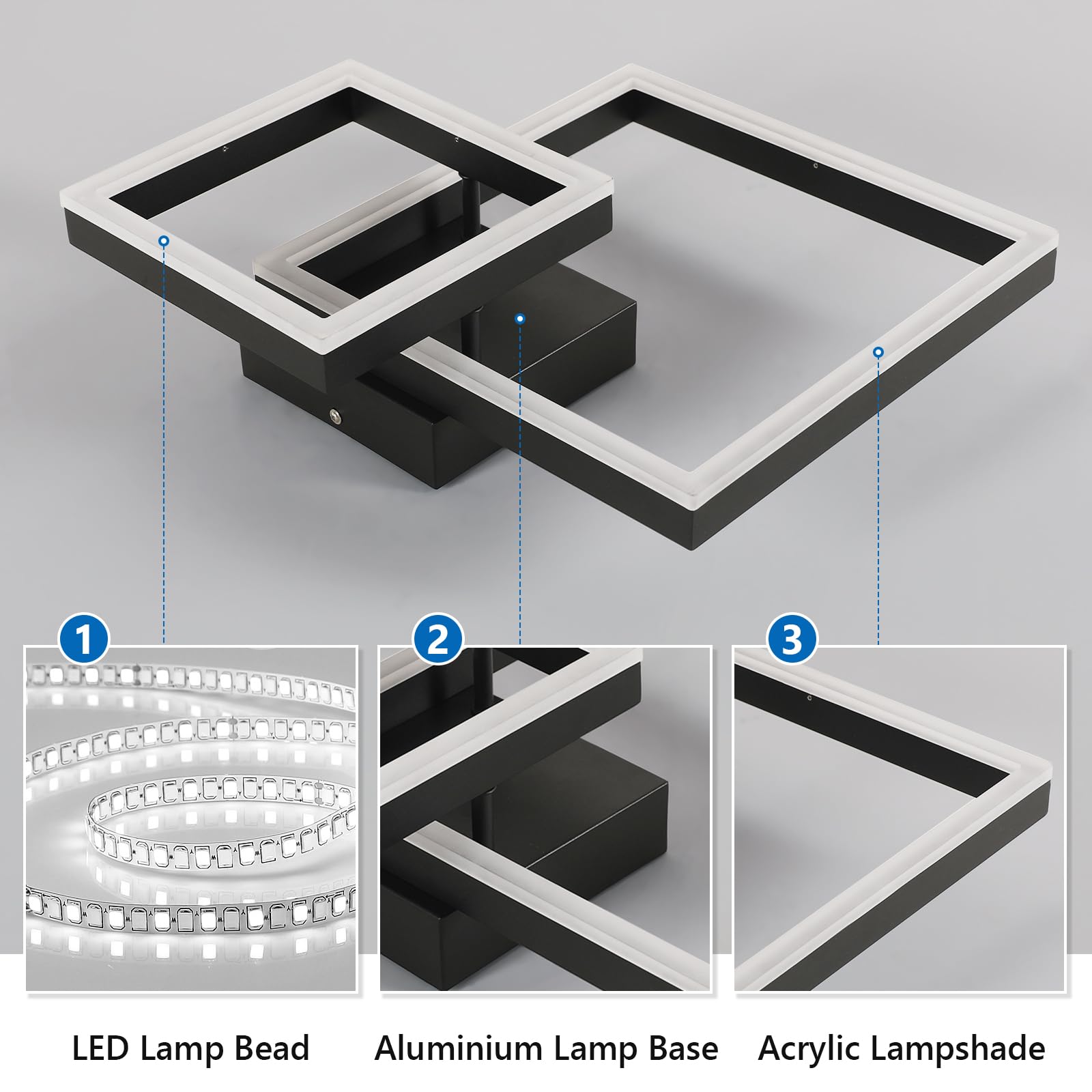 DELIPOP Plafoniera LED Soffitto Moderna, 36W Lampadario da Soffitto Nero Quadrati, Lampada da Soffitto Moderna Alluminio per Camera da Letto Soggiorno Cucina Studio Ufficio, 6500K Bianca Fredda, 52cm