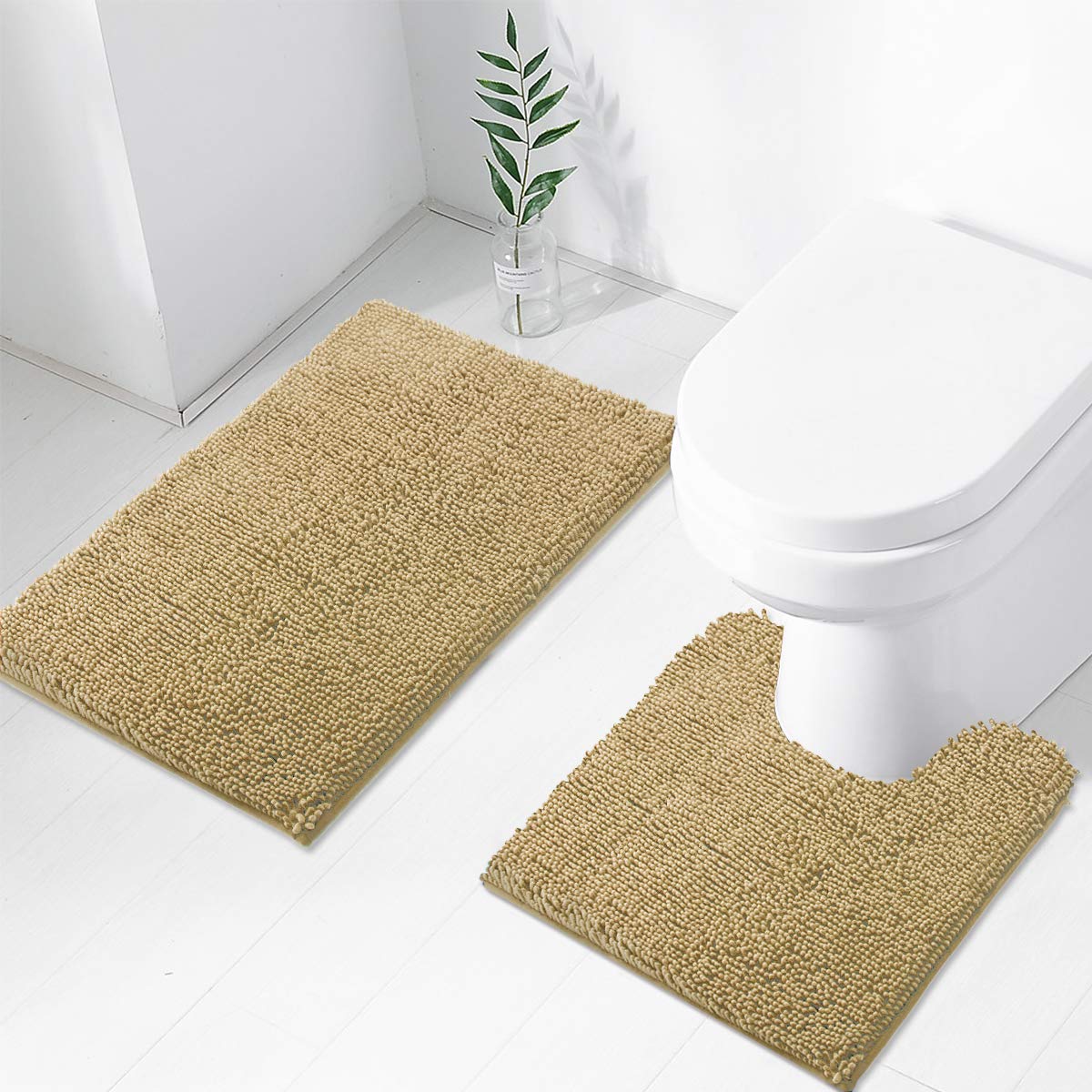 TREETONE Chenille Bath Mat 2 Piece Bathroom Rugs Set, 20x20 Inchs U-Shape Contoured Toilet Mat & 20x32 Inchs Rug,Soft,Water Absorbent Plush Rugs for Tub Shower & Bath Room -Beige